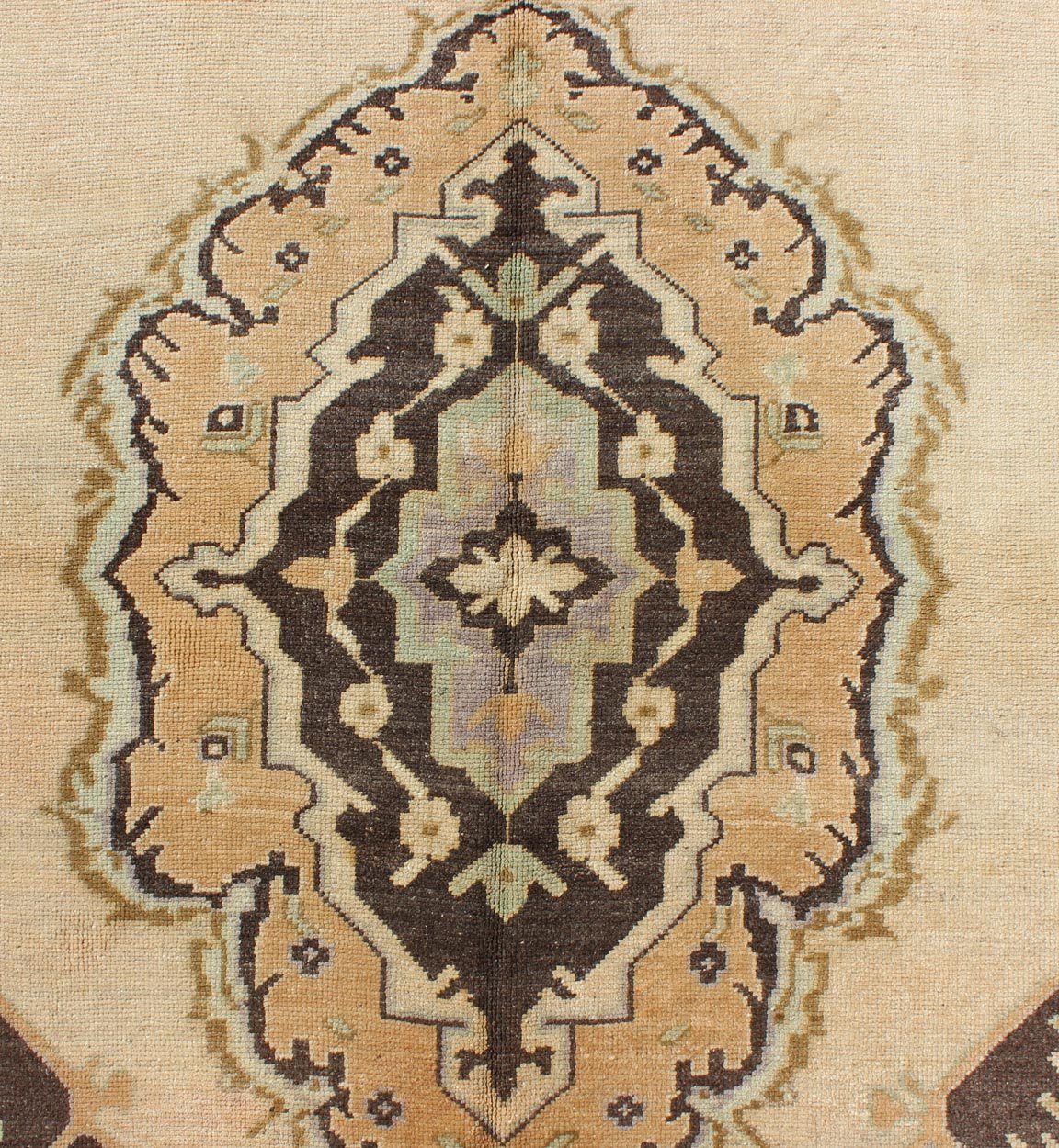 Vintage Turkish Oushak Gallery Rug with Two Medallions in Taupe, Brown and Cream Measures: 4'11 x 10'4. This beautiful vintage Oushak gallery rug from mid - 20th century Turkey features a Classic Oushak design. The faint sand ground is ho... - Keivan Woven ArtsTU - ISA - 3363 - 5744Rug