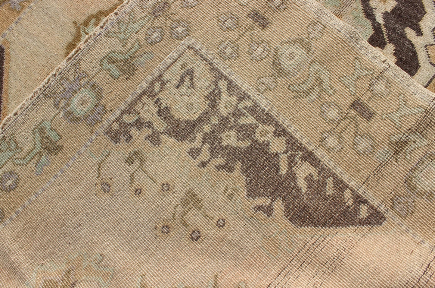 Vintage Turkish Oushak Gallery Rug with Two Medallions in Taupe, Brown and Cream Measures: 4'11 x 10'4. This beautiful vintage Oushak gallery rug from mid - 20th century Turkey features a Classic Oushak design. The faint sand ground is ho... - Keivan Woven ArtsTU - ISA - 3363 - 5744Rug