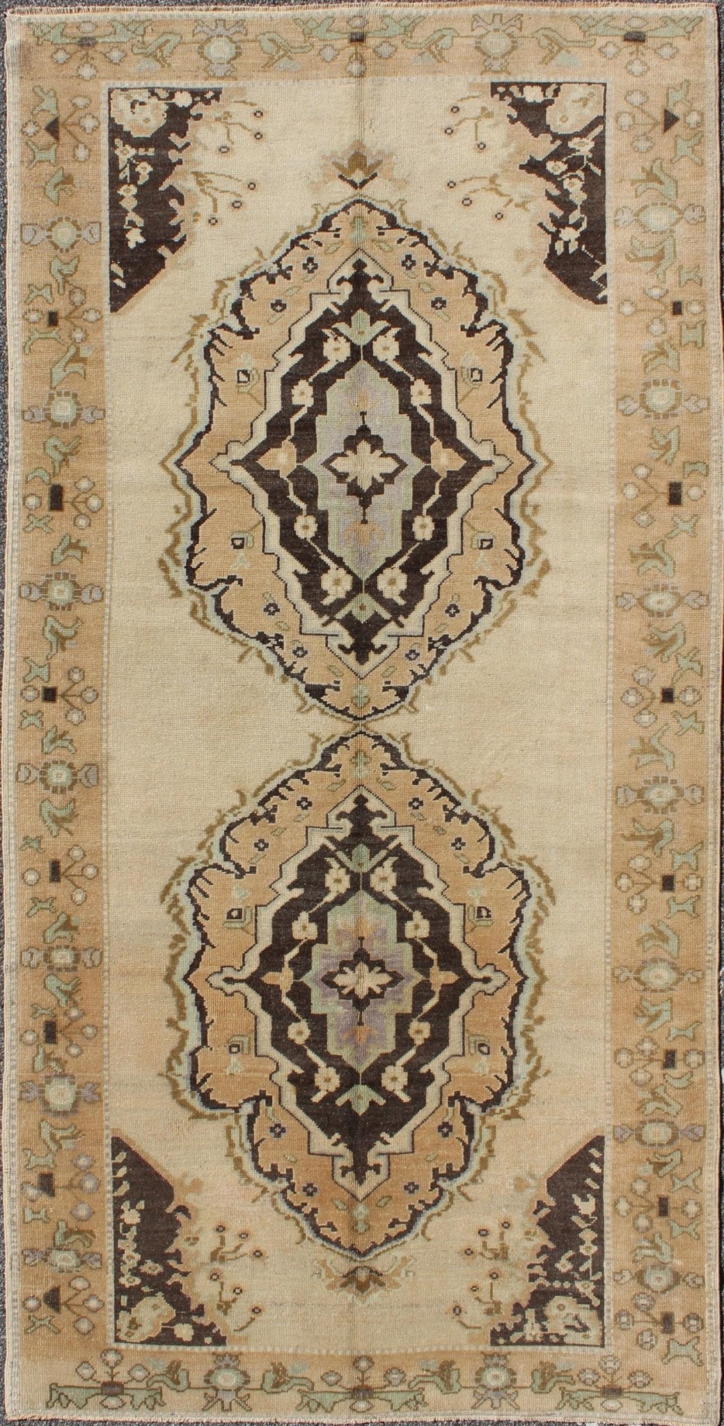 Vintage Turkish Oushak Gallery Rug with Two Medallions in Taupe, Brown and Cream Measures: 4'11 x 10'4. This beautiful vintage Oushak gallery rug from mid - 20th century Turkey features a Classic Oushak design. The faint sand ground is ho... - Keivan Woven ArtsTU - ISA - 3363 - 5744Rug