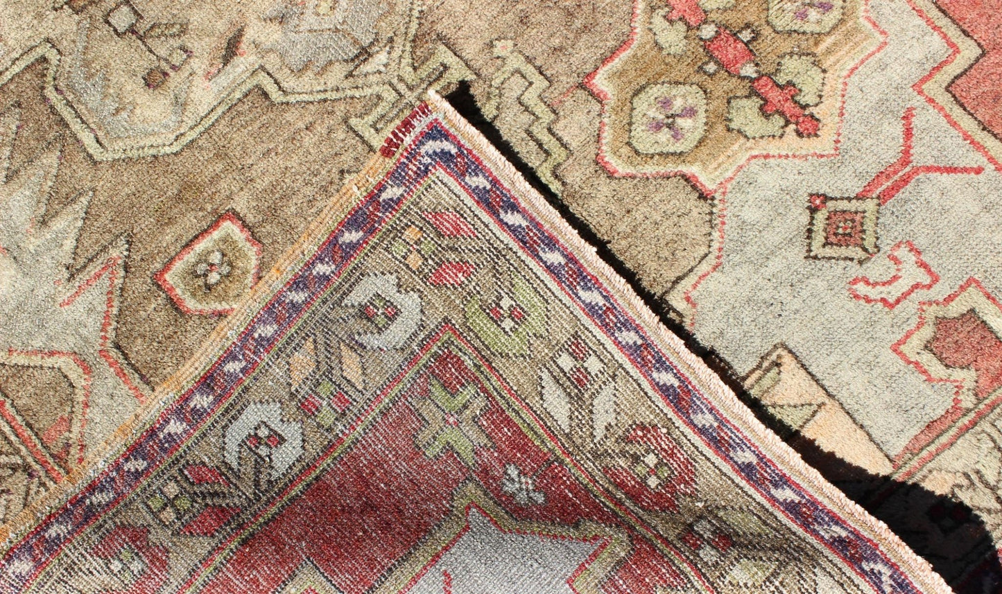 Vintage Turkish Geometric Tribal Medallion Oushak Area Rug In Green With Red Measures 3'9 x 7'6 This vintage Turkish Oushak carpet, circa mid - 20th century features a central, multi - layered medallion design, as well as patterns of smaller ... - Keivan Woven ArtsTU - ISA - 3591 - 6824Rug