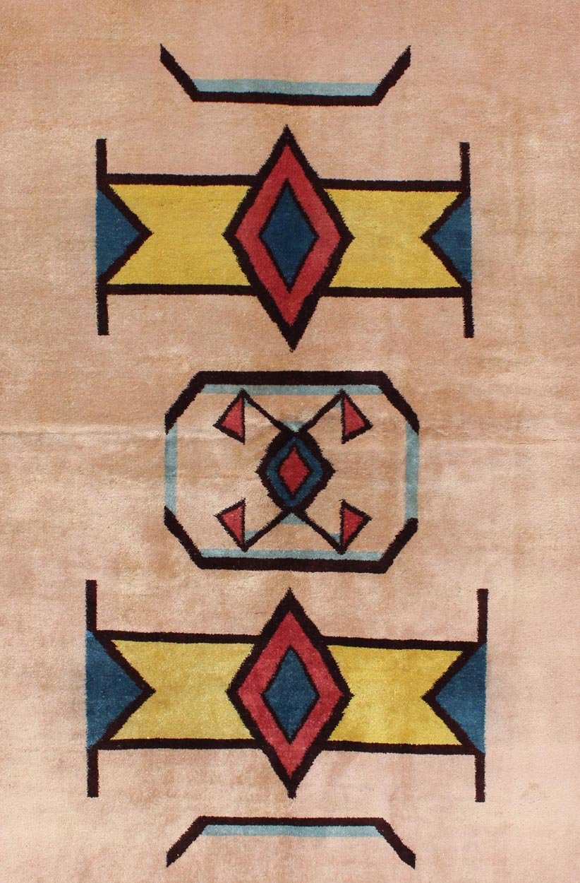 Keivan Woven Arts, Geometric Mid Century Modern Rug in Champaign Background, Gold, Teal, Black. Geometric Mid - Century Modern rug with Art - Deco design. Keivan Woven Arts / TU - MTU - 02, Vintage Mid - Century Rug with Deco Design Set on light co... - Keivan Woven ArtsTU - MTU - 02 - 5305Rug
