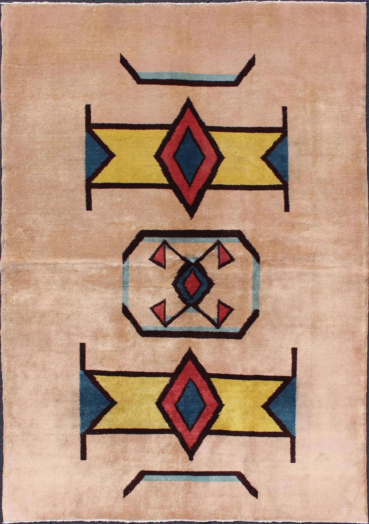 Keivan Woven Arts, Geometric Mid Century Modern Rug in Champaign Background, Gold, Teal, Black. Geometric Mid - Century Modern rug with Art - Deco design. Keivan Woven Arts / TU - MTU - 02, Vintage Mid - Century Rug with Deco Design Set on light co... - Keivan Woven ArtsTU - MTU - 02 - 5305Rug