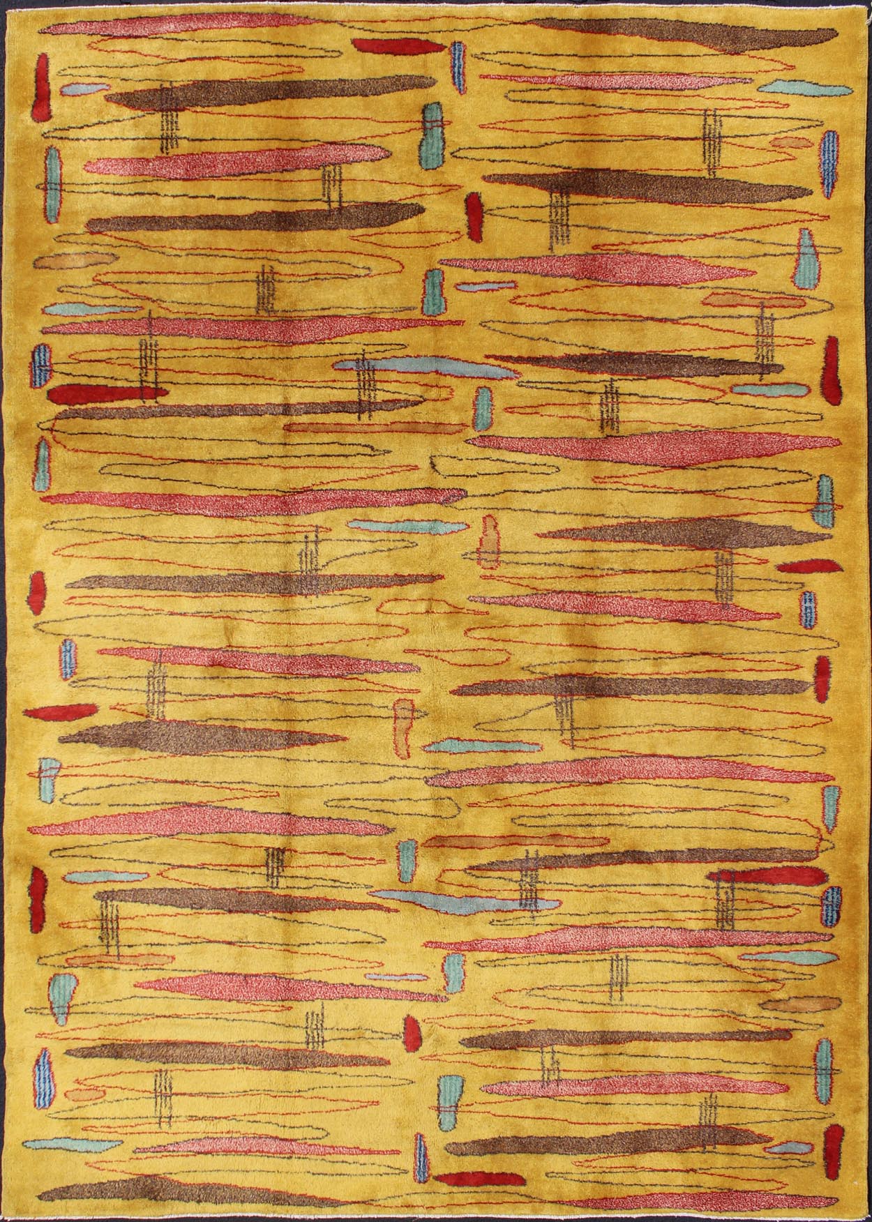 Vintage Modern Rug with Yellow Background and Multicolored Etched Pattern kwarugs mcm Mid - century modern rug with yellow background and multicolored etched pattern, rug mtu - 04, country of origin / type: Turkey / Mid - Century Modern, circa mid - 20t... - Keivan Woven ArtsTU - MTU - 04 - 5315Rug