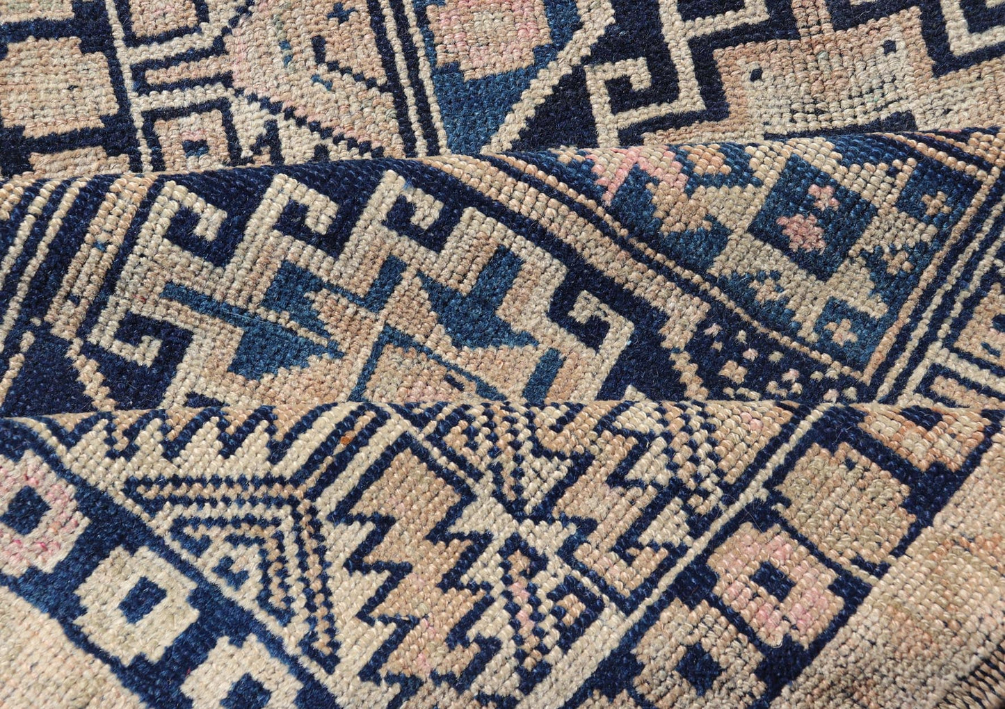 Vintage Oushak Turkish Runner with Geometric Design in Blues, Taupe, and Cream Vintage Oushak runner from Turkey with Medallion design in various blue, pink, and tan tones, Keivan Woven Arts / rug TU - MTU - 131, country of origin / type: Turkey / O... - Keivan Woven ArtsTU - MTU - 131 - 18746Rug