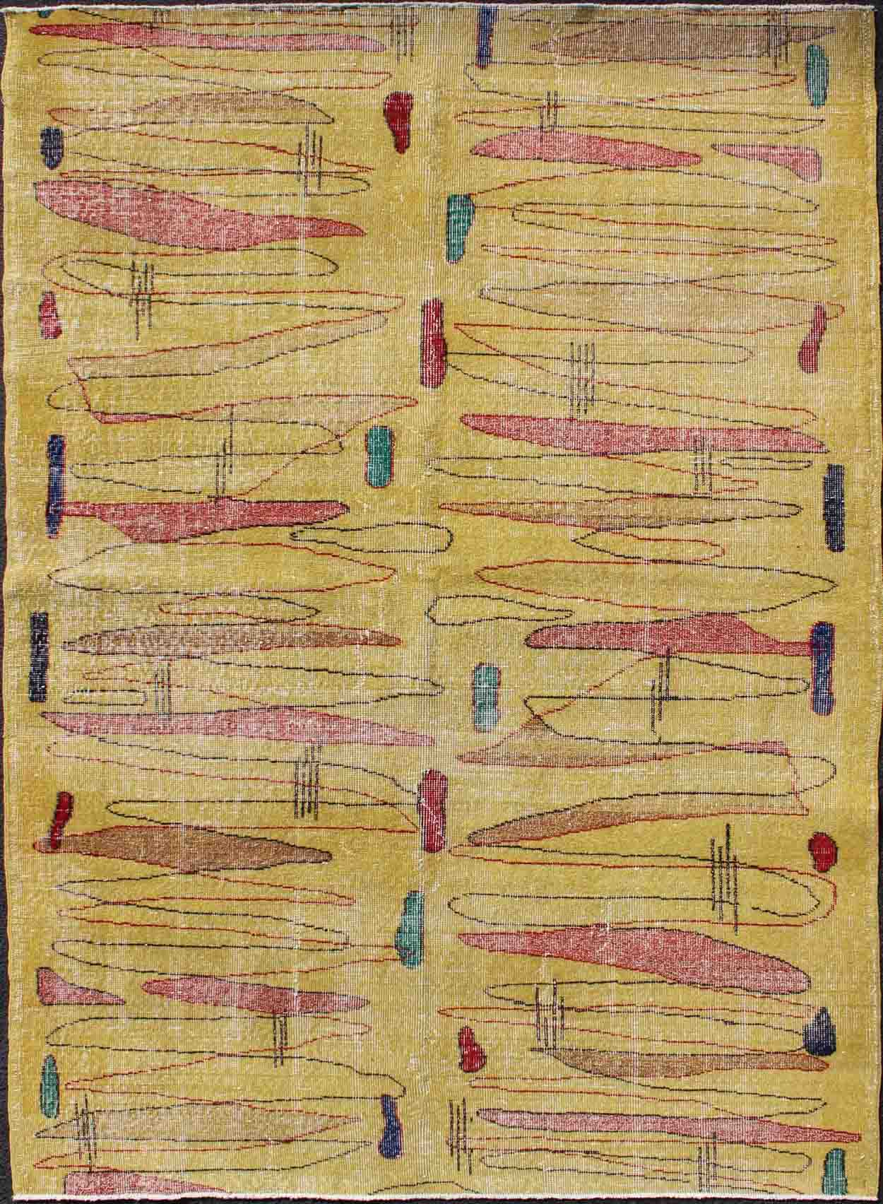 Vintage Turkish Mid - Century Modern Rug in Yellow Color and Modern Design. Vintage Turkish Mid - Century Modern with Yellow Background, rug TU - MTU - 136060, country of origin / type: Turkey / Mid - Century Modern, circa mid - 20th Century. This beau... - Keivan Woven ArtsTU - MTU - 136060 - 4576Rug