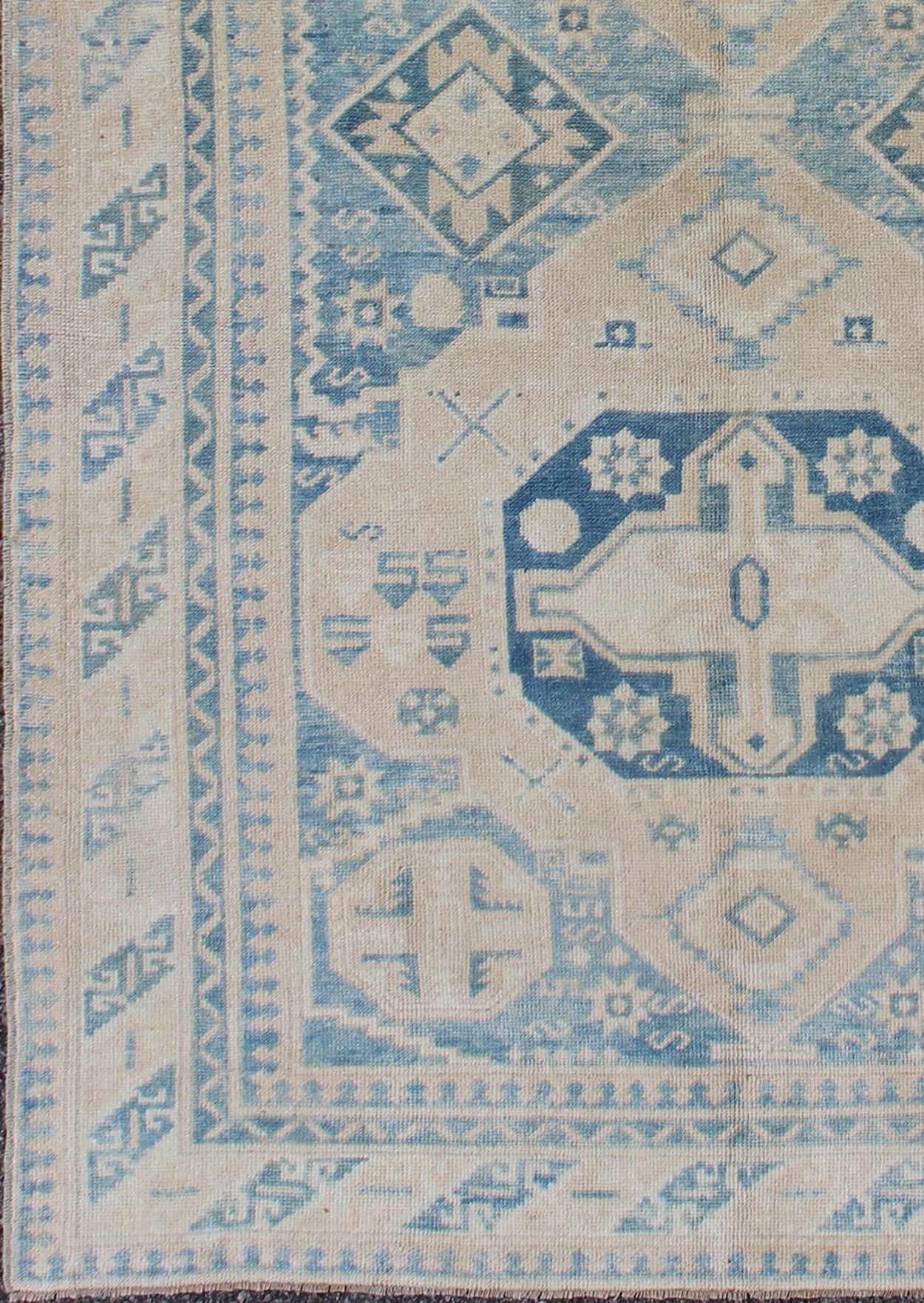 Blue and Tan Vintage Turkish Oushak Rug with Geometric Dual Medallions kwarugs Blue and tan vintage Turkish Oushak rug with geometric dual medallions, rug tu - mtu - 136618, country of origin / type: Turkey / Oushak, circa 1940 This vintage T... - Keivan Woven ArtsTU - MTU - 136618 - 9178Rug