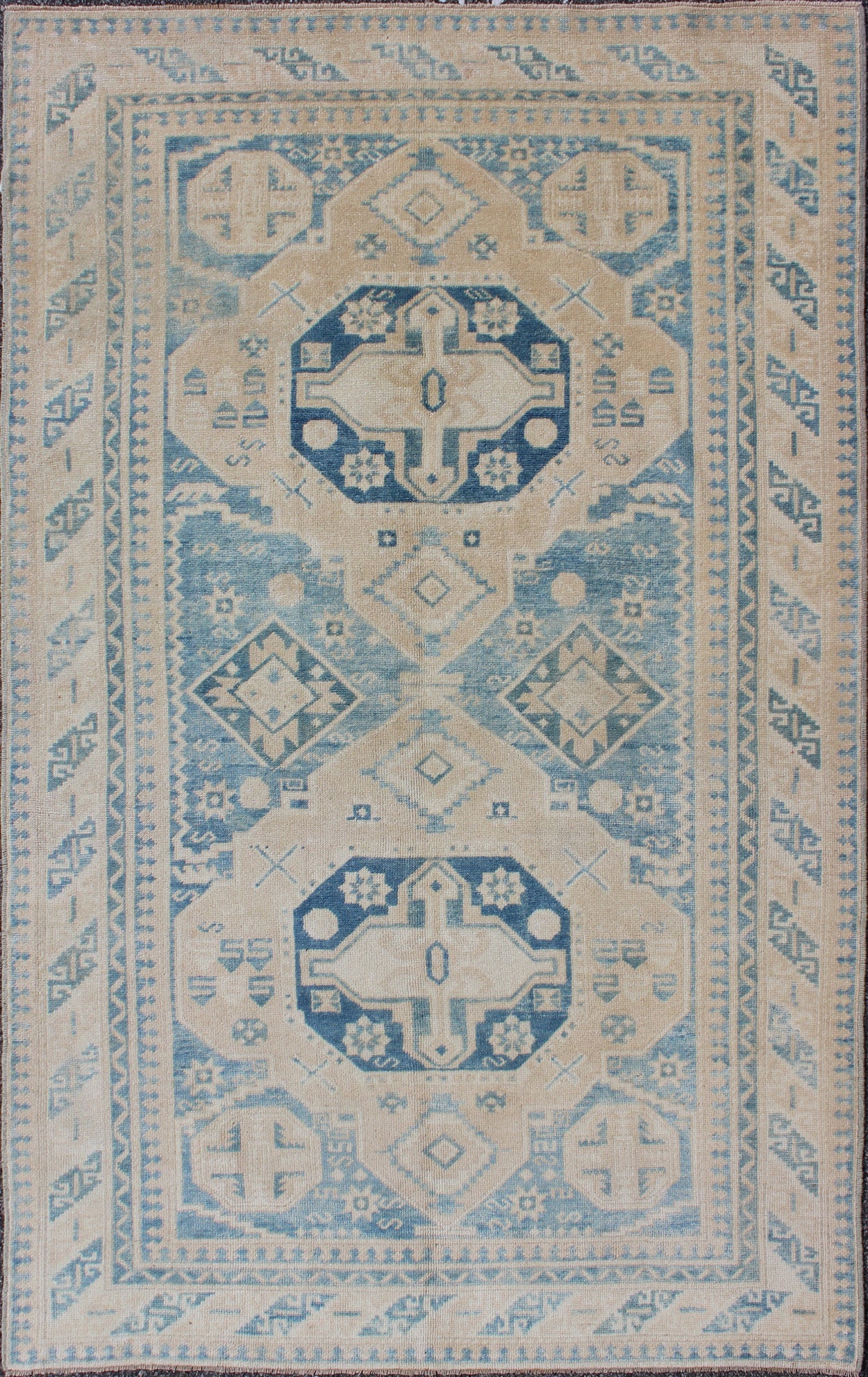 Blue and Tan Vintage Turkish Oushak Rug with Geometric Dual Medallions kwarugs Blue and tan vintage Turkish Oushak rug with geometric dual medallions, rug tu - mtu - 136618, country of origin / type: Turkey / Oushak, circa 1940 This vintage T... - Keivan Woven ArtsTU - MTU - 136618 - 9178Rug