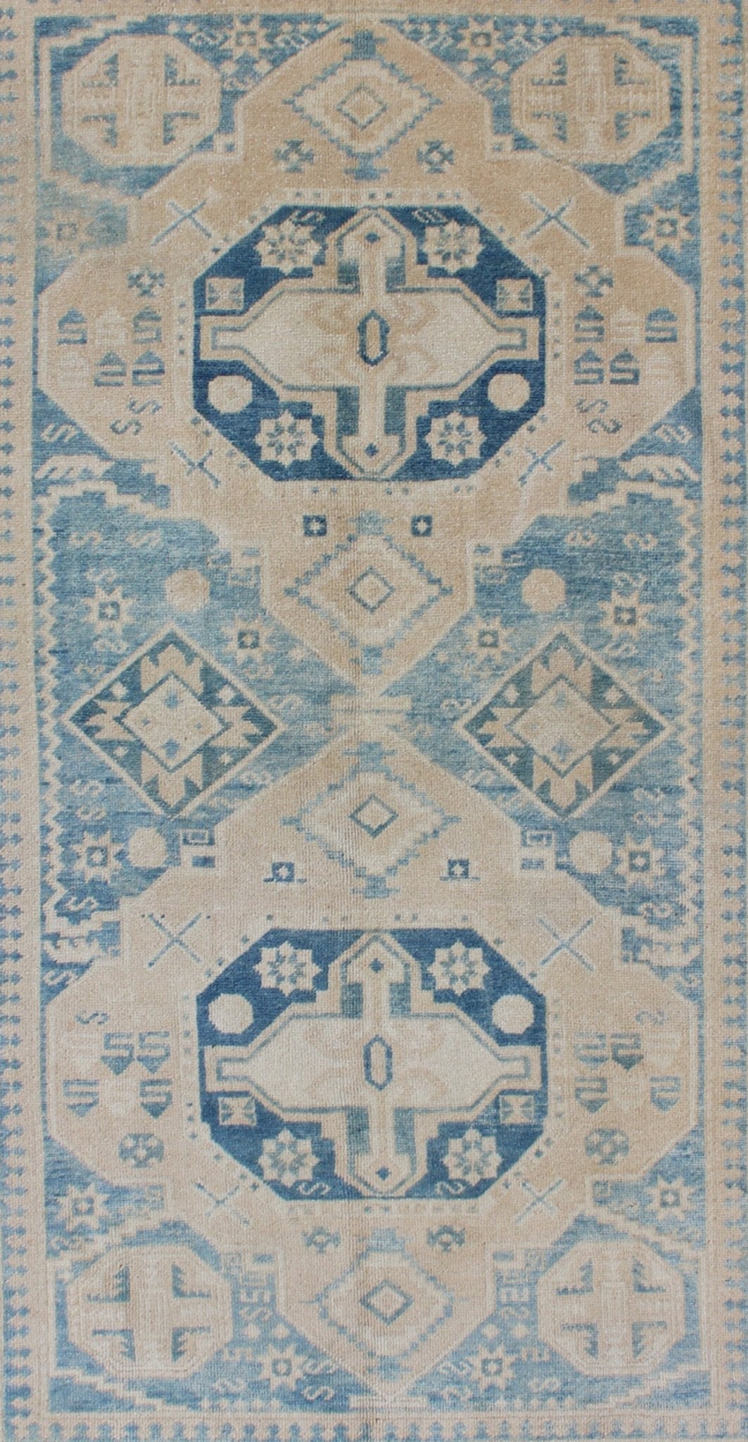 Blue and Tan Vintage Turkish Oushak Rug with Geometric Dual Medallions kwarugs Blue and tan vintage Turkish Oushak rug with geometric dual medallions, rug tu - mtu - 136618, country of origin / type: Turkey / Oushak, circa 1940 This vintage T... - Keivan Woven ArtsTU - MTU - 136618 - 9178Rug
