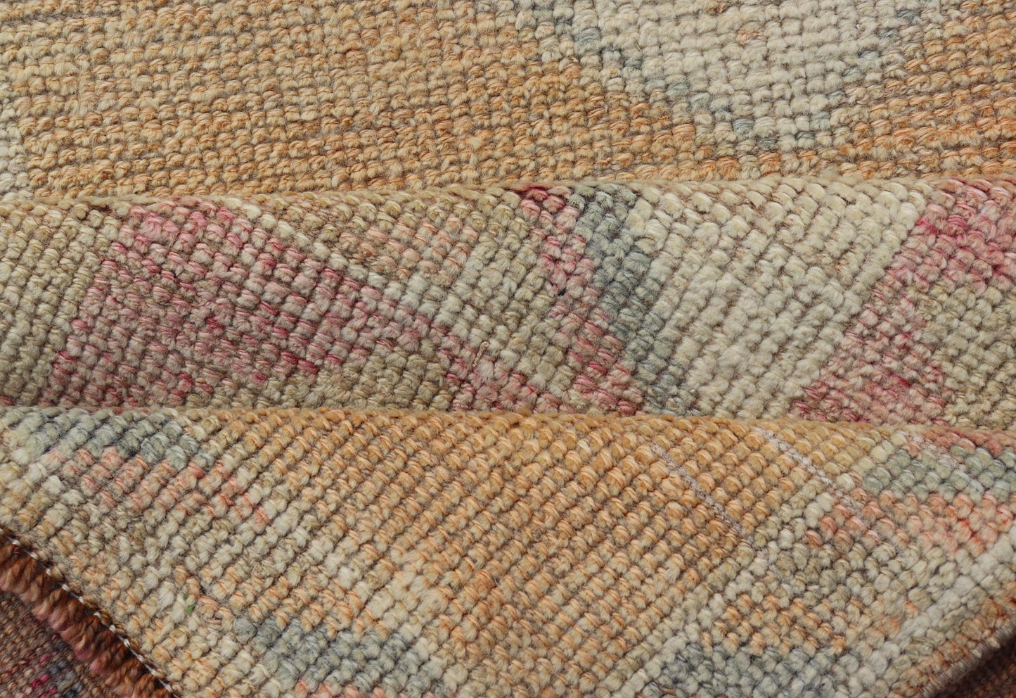Tribal Medallion Vintage Turkish Oushak Runner in Orange, Blue and Cream Measures: 2'9 x 12'0 This very unique Oushak is uncommon in its design, from the bright and creamy orange background to the angular and sharp medallions center... - Keivan Woven ArtsTU - MTU - 15 - 18728
