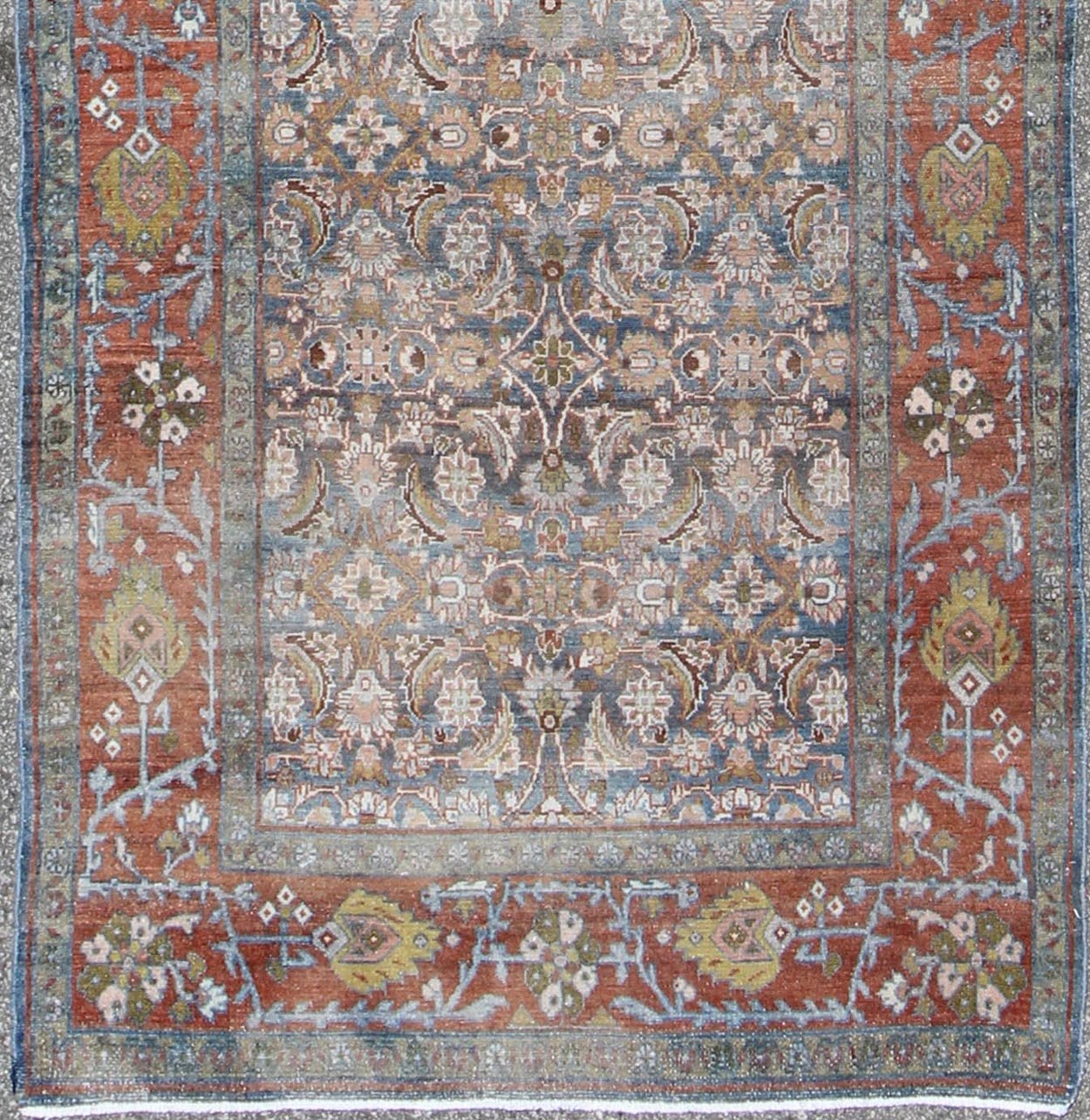 Blue, red and green antique Persian Malayer runner with geometric floral design, rug na - 160038, country of origin / type: Iran / Malayer, circa 1910 This magnificent early 20th century vintage Persian Malayer runner bears a beautiful, all - over s... - Keivan Woven ArtsTU - MTU - 160083 - 9764Rug