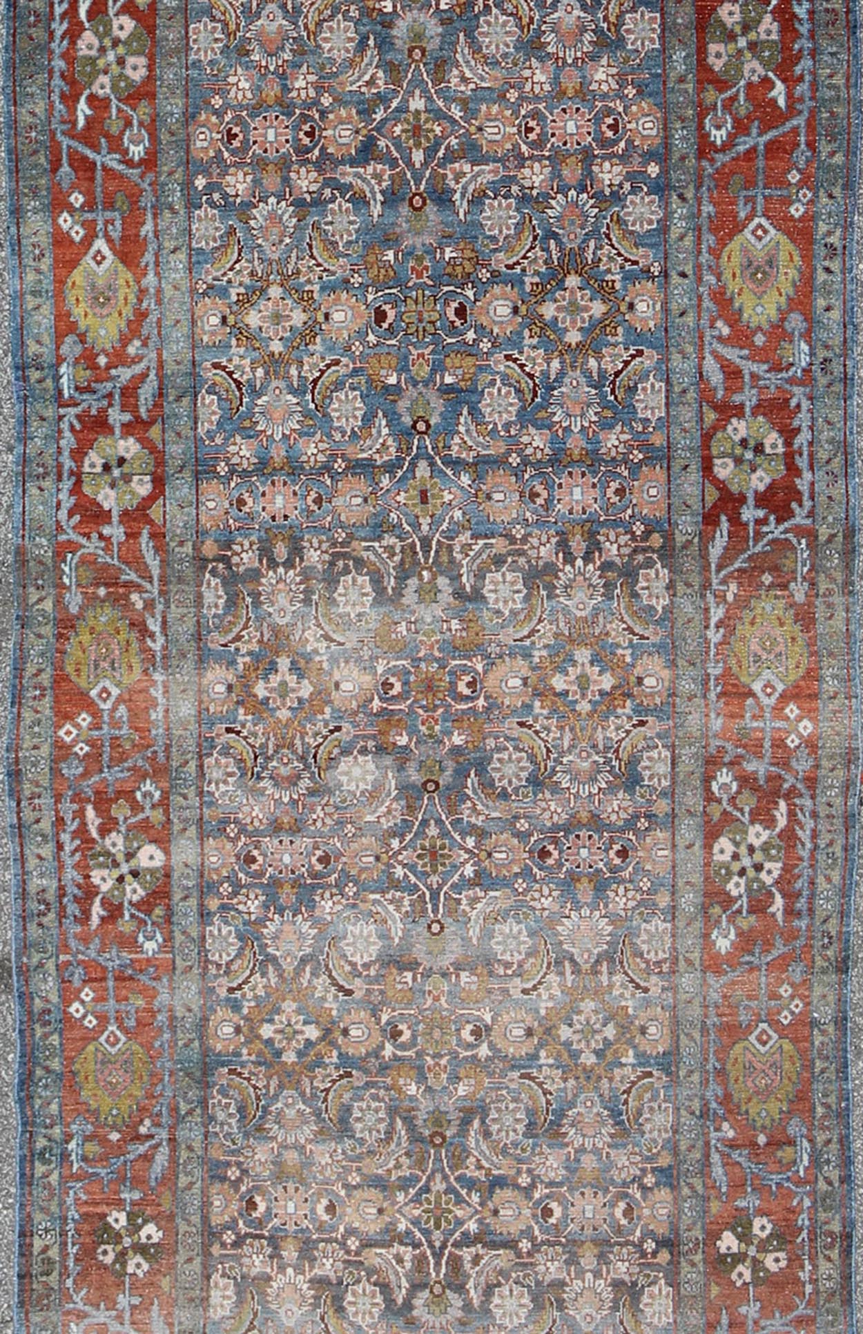 Blue, red and green antique Persian Malayer runner with geometric floral design, rug na - 160038, country of origin / type: Iran / Malayer, circa 1910 This magnificent early 20th century vintage Persian Malayer runner bears a beautiful, all - over s... - Keivan Woven ArtsTU - MTU - 160083 - 9764Rug