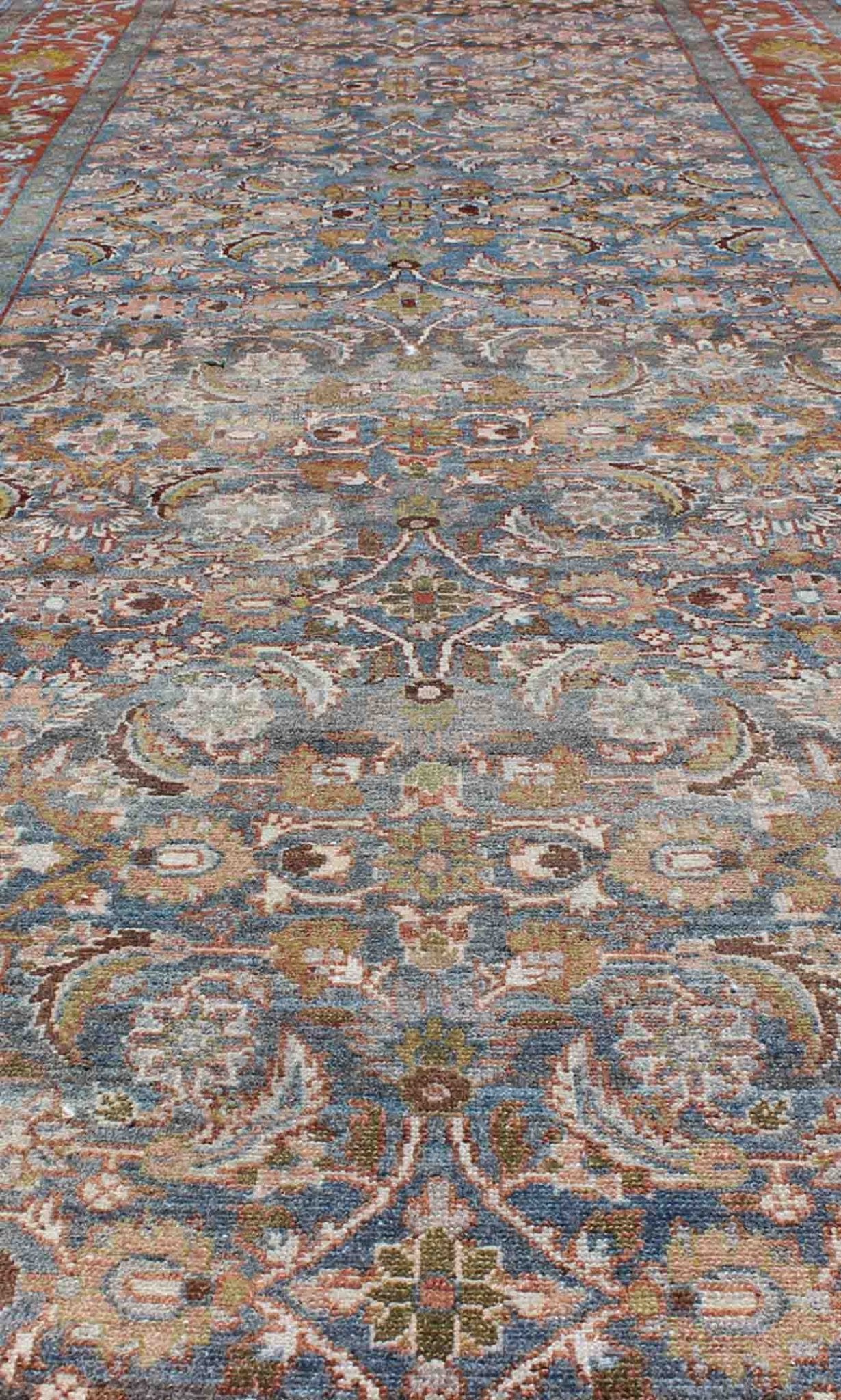 Blue, red and green antique Persian Malayer runner with geometric floral design, rug na - 160038, country of origin / type: Iran / Malayer, circa 1910 This magnificent early 20th century vintage Persian Malayer runner bears a beautiful, all - over s... - Keivan Woven ArtsTU - MTU - 160083 - 9764Rug