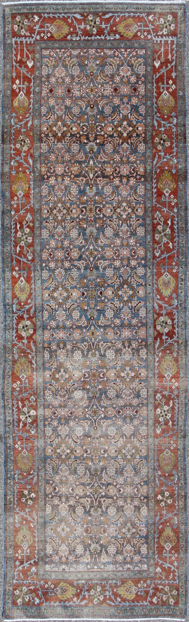 Blue, red and green antique Persian Malayer runner with geometric floral design, rug na - 160038, country of origin / type: Iran / Malayer, circa 1910 This magnificent early 20th century vintage Persian Malayer runner bears a beautiful, all - over s... - Keivan Woven ArtsTU - MTU - 160083 - 9764Rug