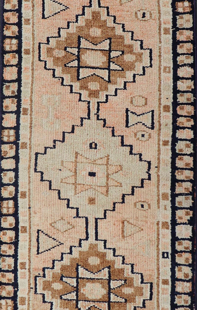 Vintage Turkish Oushak Runner with Medallion Design Outlined in Navy Blue Multi - Toned Medallion Vintage Turkish Oushak runner carpet, Keivan Woven Arts / rug TU - MTU - 181, country of origin / type: Turkey / Oushak, circa 1960 Measures: 2'1... - Keivan Woven ArtsTU - MTU - 181 - 19154Rug