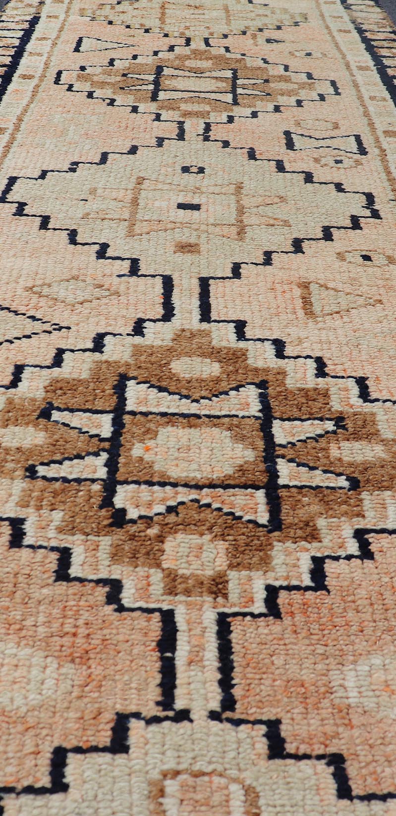 Vintage Turkish Oushak Runner with Medallion Design Outlined in Navy Blue Multi - Toned Medallion Vintage Turkish Oushak runner carpet, Keivan Woven Arts / rug TU - MTU - 181, country of origin / type: Turkey / Oushak, circa 1960 Measures: 2'1... - Keivan Woven ArtsTU - MTU - 181 - 19154Rug