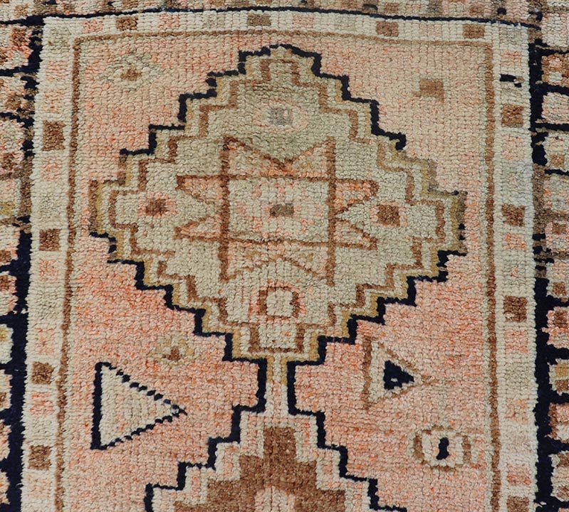 Vintage Turkish Oushak Runner with Medallion Design Outlined in Navy Blue Multi - Toned Medallion Vintage Turkish Oushak runner carpet, Keivan Woven Arts / rug TU - MTU - 181, country of origin / type: Turkey / Oushak, circa 1960 Measures: 2'1... - Keivan Woven ArtsTU - MTU - 181 - 19154Rug
