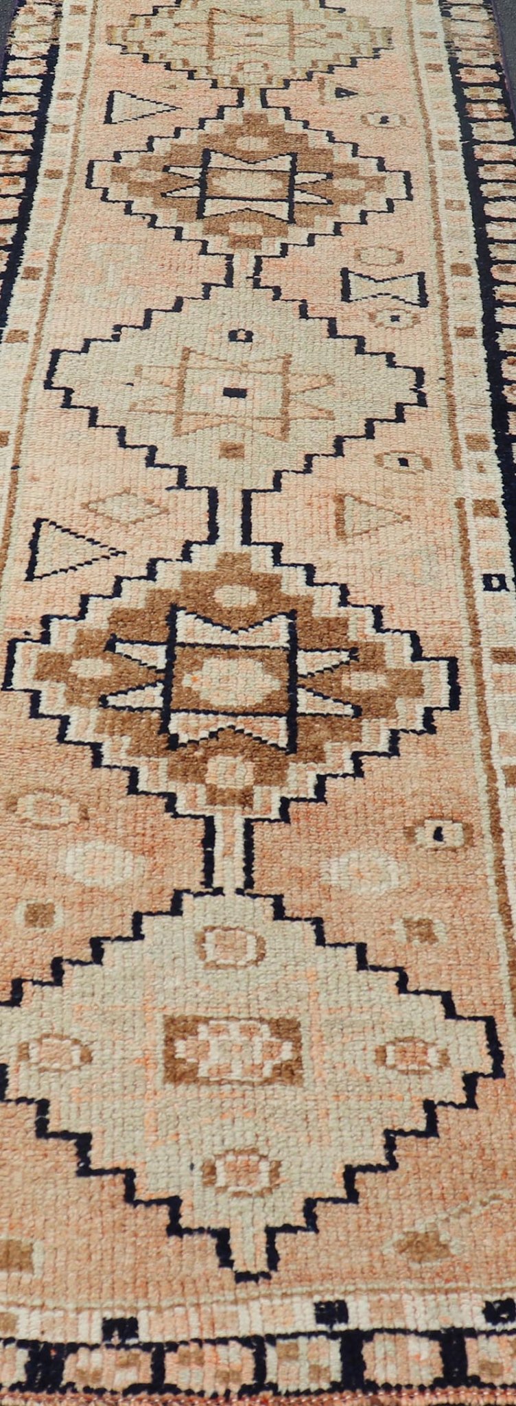 Vintage Turkish Oushak Runner with Medallion Design Outlined in Navy Blue Multi - Toned Medallion Vintage Turkish Oushak runner carpet, Keivan Woven Arts / rug TU - MTU - 181, country of origin / type: Turkey / Oushak, circa 1960 Measures: 2'1... - Keivan Woven ArtsTU - MTU - 181 - 19154Rug