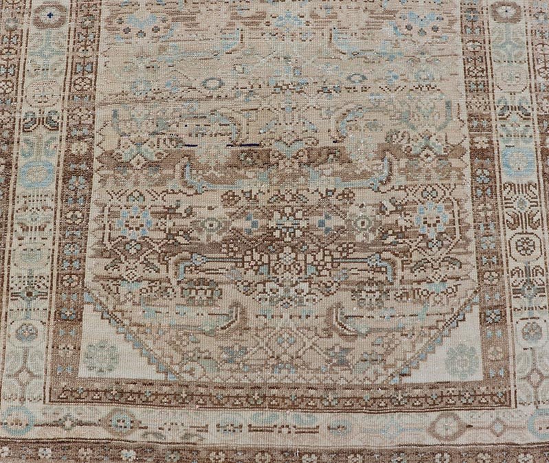 Antique Persian Hamedan Runner with Sub - Geometric Tribal Design Measures: 3'3 x 9'0 This antique Persian Hamadan features a light neutral palette with light blue accents. The field and border share a light cream - camel color with accen... - Keivan Woven ArtsTU - MTU - 212 - 19160