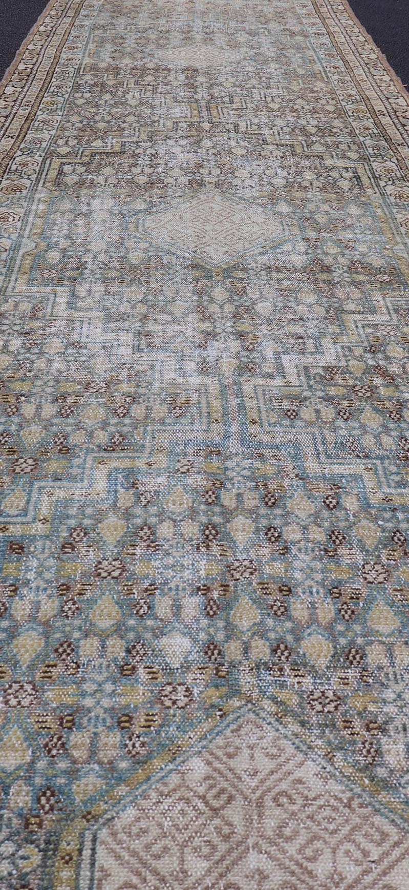 Persian Malayer Runner with Sub Geometric Medallions in Light Blue Field. Keivan Woven Arts / rug/TU - MTU - 2702, country of origin / type: Iran / Malayer, circa 1920 Measures: 3'2 x 16'4 This beautiful antique Malayer runner from Persia features a... - Keivan Woven ArtsTU - MTU - 2702 - 24772Rugs