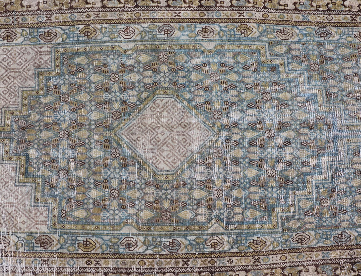 Persian Malayer Runner with Sub Geometric Medallions in Light Blue Field. Keivan Woven Arts / rug/TU - MTU - 2702, country of origin / type: Iran / Malayer, circa 1920 Measures: 3'2 x 16'4 This beautiful antique Malayer runner from Persia features a... - Keivan Woven ArtsTU - MTU - 2702 - 24772Rugs