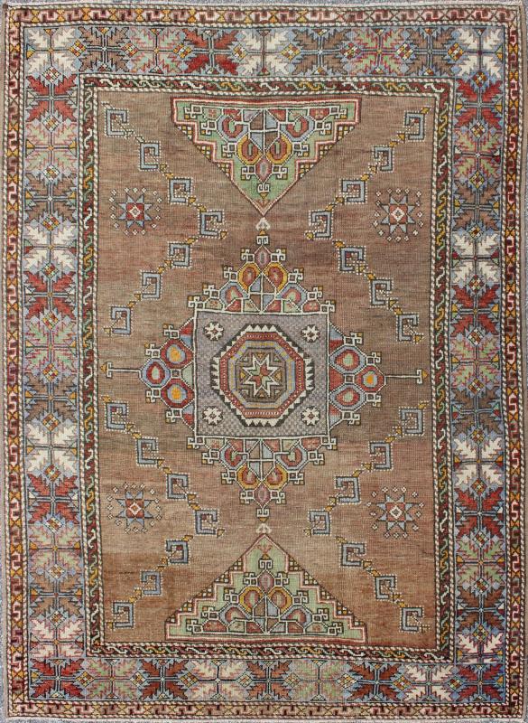 Small Oushak Carpet - Set on camel color background with Gray blue border, this small medallion Oushak displays a colorful, yet subtle color combination. 5`7 x 8`0. - Keivan Woven ArtsTU - MTU - 3317 - 5772Rug