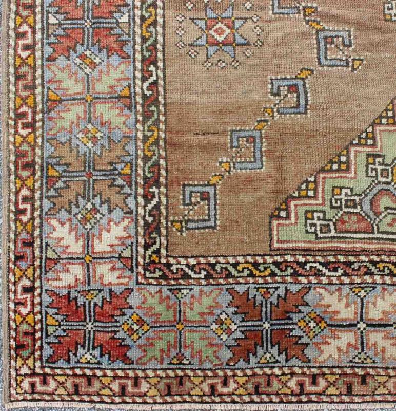 Small Oushak Carpet - Set on camel color background with Gray blue border, this small medallion Oushak displays a colorful, yet subtle color combination. 5`7 x 8`0. - Keivan Woven ArtsTU - MTU - 3317 - 5772Rug