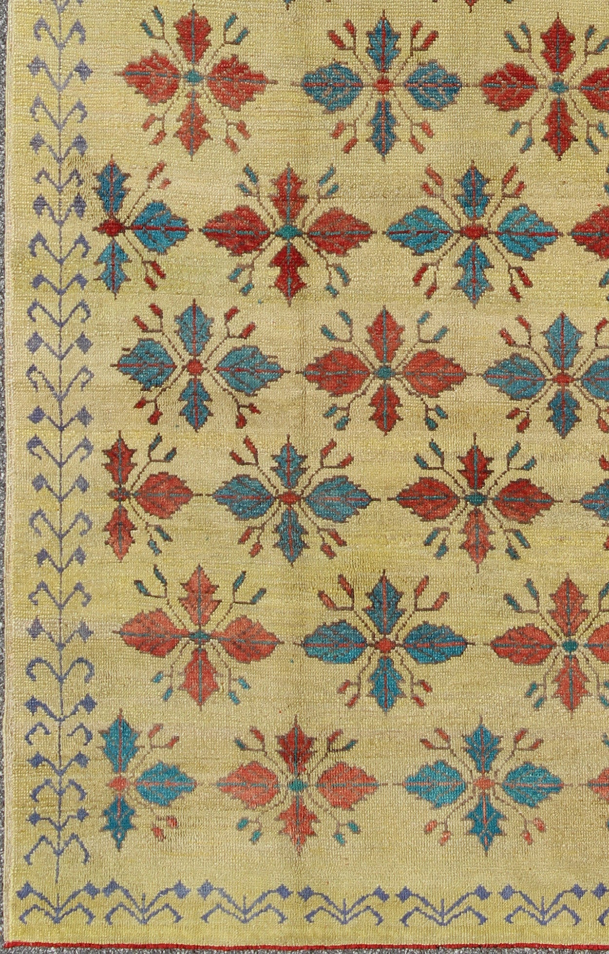 Vintage Turkish Sub - Geometric All - Over Floral Oushak in Yellow, Red, and Blue Measures: 6'5 x 11'5 Set on a pale yellow background, this unique Turkish Oushak rug displays an all - over mid - century modern design. The colors include shades... - Keivan Woven ArtsTU - MTU - 3318 - 5776Rug
