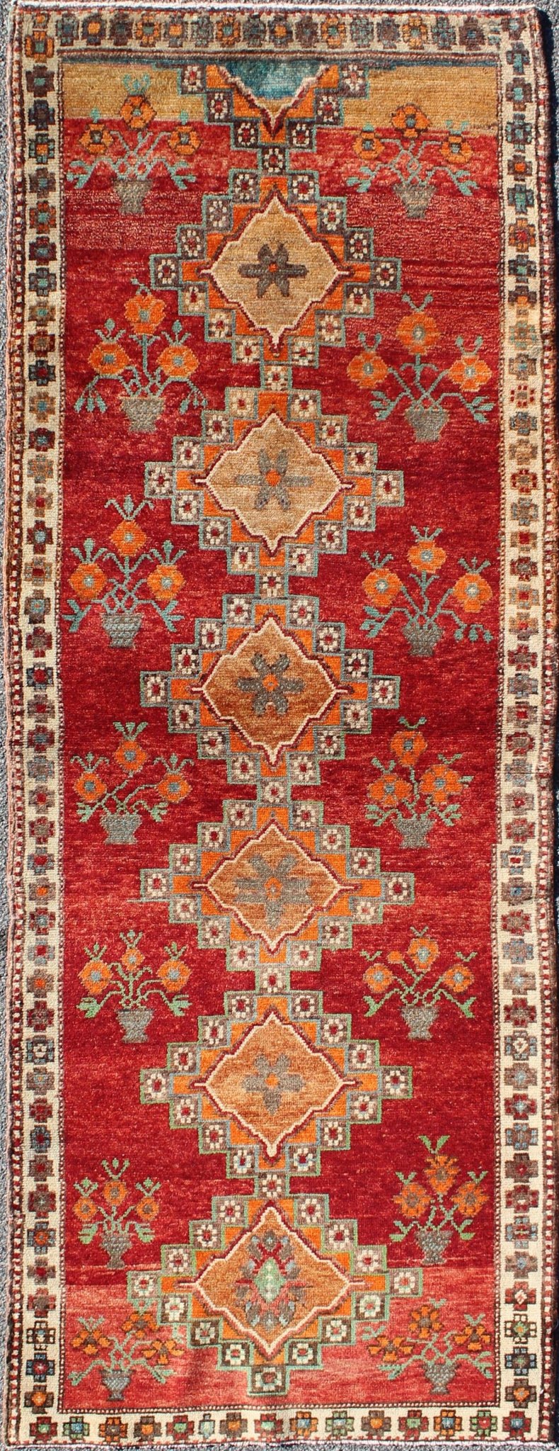 Vintage Turkish Oushak Runner in Beautiful Royal Red, Light Blue/Gray and Orange This vintage Oushak runner features a unique blend of cheerful colors and an intricately beautiful design. The multi - layered diamond medallions are complemented by ... - Keivan Woven ArtsTU - MTU - 3334 - 5802Rug