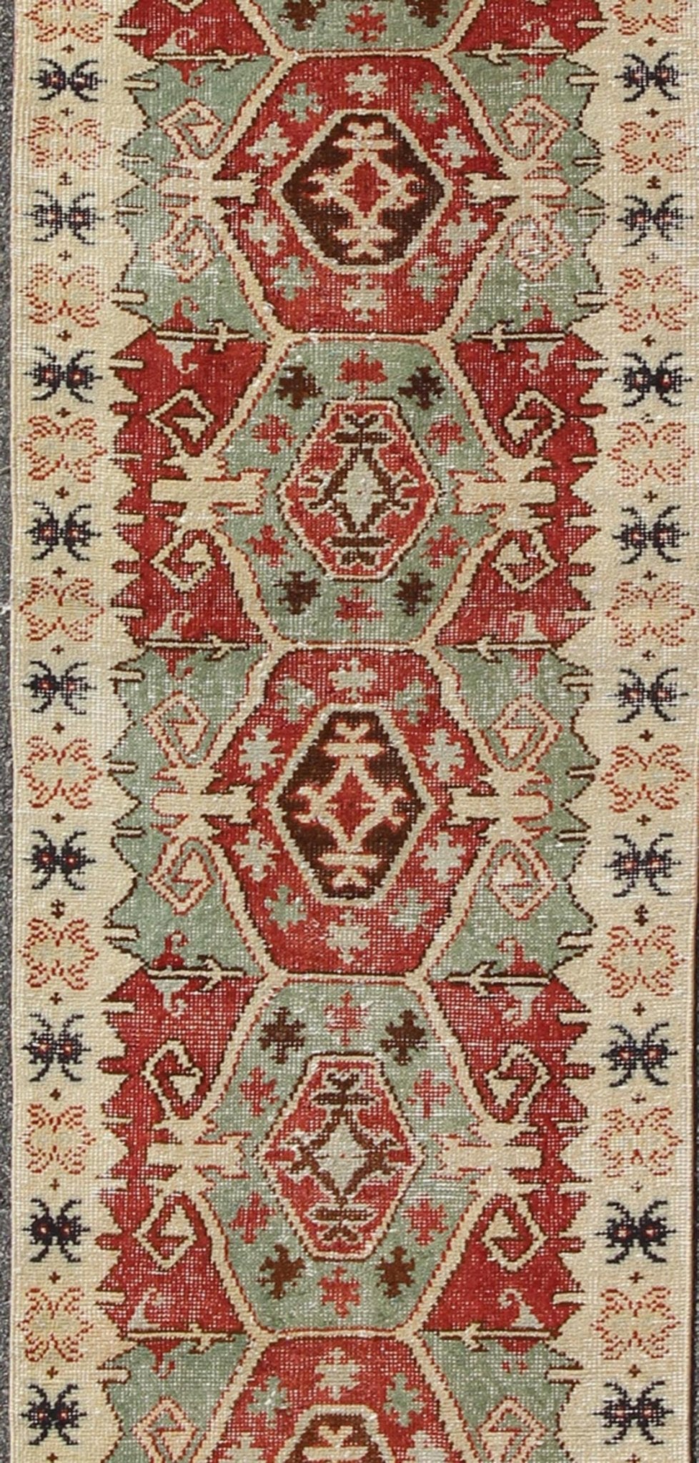 Geometric Medallions Vintage Tribal Turkish Oushak Runner in Green, Brown & Red. Vintage Turkish Oushak Runner Rug with Geometric Tribal Medallions. Keivan Woven Arts, Rug/TU - MTU - 3359, 1950's Vintage Turkish Oushak Runner in Teal and Red, rug m... - Keivan Woven ArtsTU - MTU - 3359 - 5816Rug