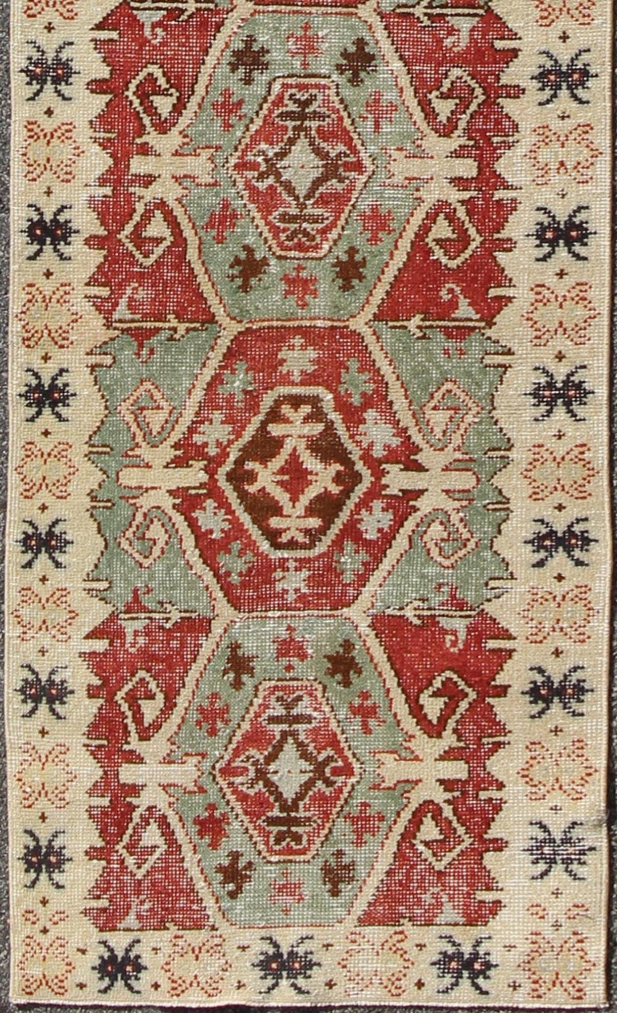 Geometric Medallions Vintage Tribal Turkish Oushak Runner in Green, Brown & Red. Vintage Turkish Oushak Runner Rug with Geometric Tribal Medallions. Keivan Woven Arts, Rug/TU - MTU - 3359, 1950's Vintage Turkish Oushak Runner in Teal and Red, rug m... - Keivan Woven ArtsTU - MTU - 3359 - 5816Rug
