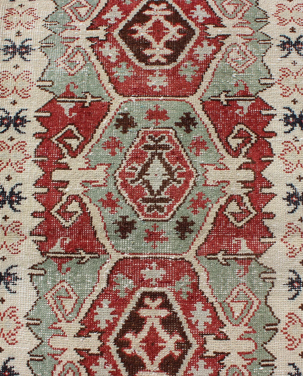 Geometric Medallions Vintage Tribal Turkish Oushak Runner in Green, Brown & Red. Vintage Turkish Oushak Runner Rug with Geometric Tribal Medallions. Keivan Woven Arts, Rug/TU - MTU - 3359, 1950's Vintage Turkish Oushak Runner in Teal and Red, rug m... - Keivan Woven ArtsTU - MTU - 3359 - 5816Rug