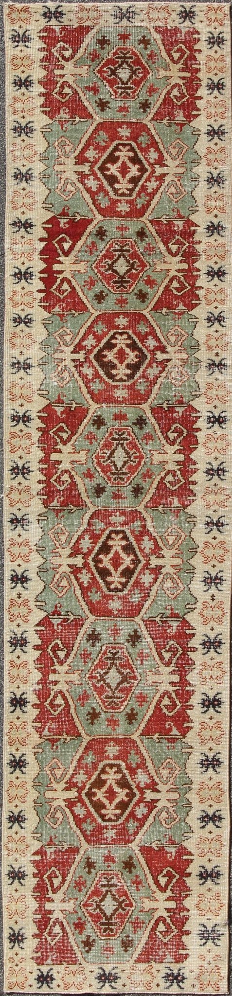 Geometric Medallions Vintage Tribal Turkish Oushak Runner in Green, Brown & Red. Vintage Turkish Oushak Runner Rug with Geometric Tribal Medallions. Keivan Woven Arts, Rug/TU - MTU - 3359, 1950's Vintage Turkish Oushak Runner in Teal and Red, rug m... - Keivan Woven ArtsTU - MTU - 3359 - 5816Rug