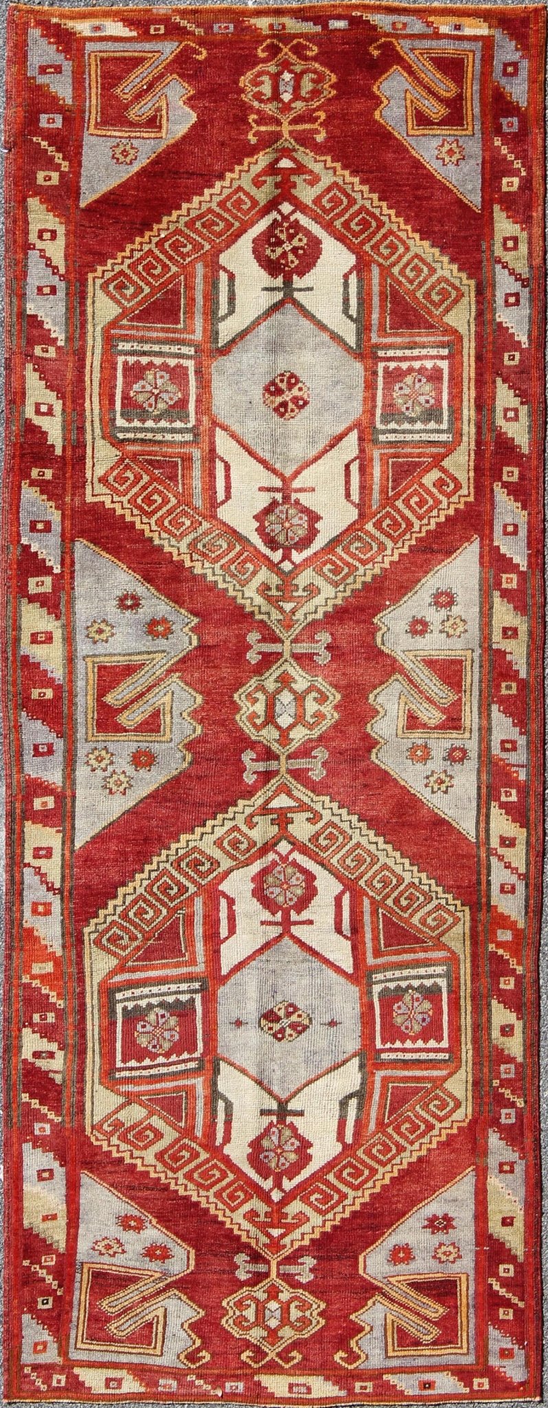 Red Mid - Century Vintage Turkish Oushak Rug with Geometric Dual Medallions, rug mtu - 3439, country of origin / type: Turkey / Oushak, circa mid - 20th century This vintage Turkish Oushak carpet (circa mid - 20th century) features a central dual - medall... - Keivan Woven ArtsTU - MTU - 3439 - 6211Rug
