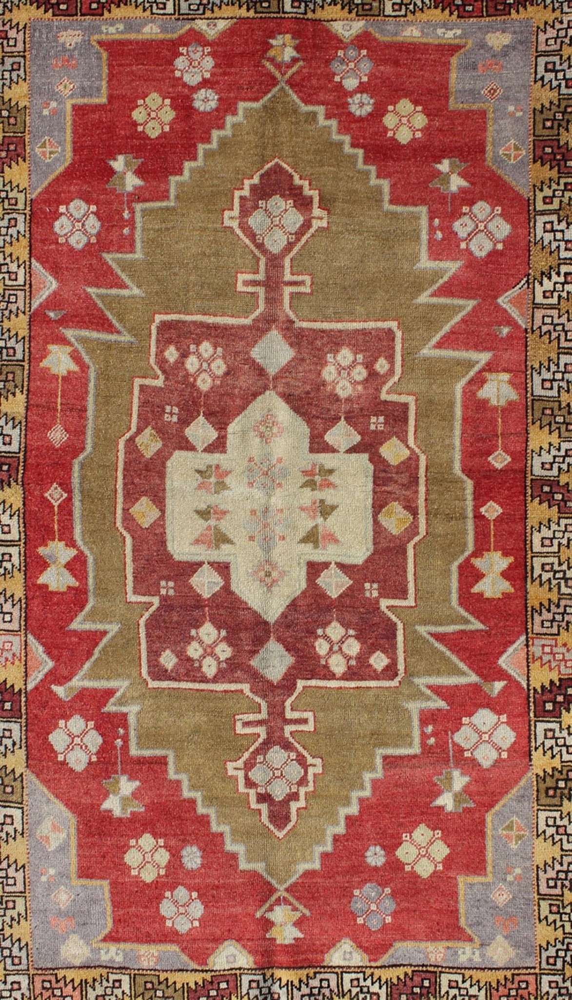 Unique Vintage Turkish Oushak Rug with Geometric Medallion in Red, Green, Yellow, rug mtu - 3468, country of origin / type: Turkey / Oushak, circa mid - 20th century This vintage Turkish Oushak rug (circa mid - 20th century) features a unique blend of... - Keivan Woven ArtsTU - MTU - 3468 - 6215Rug