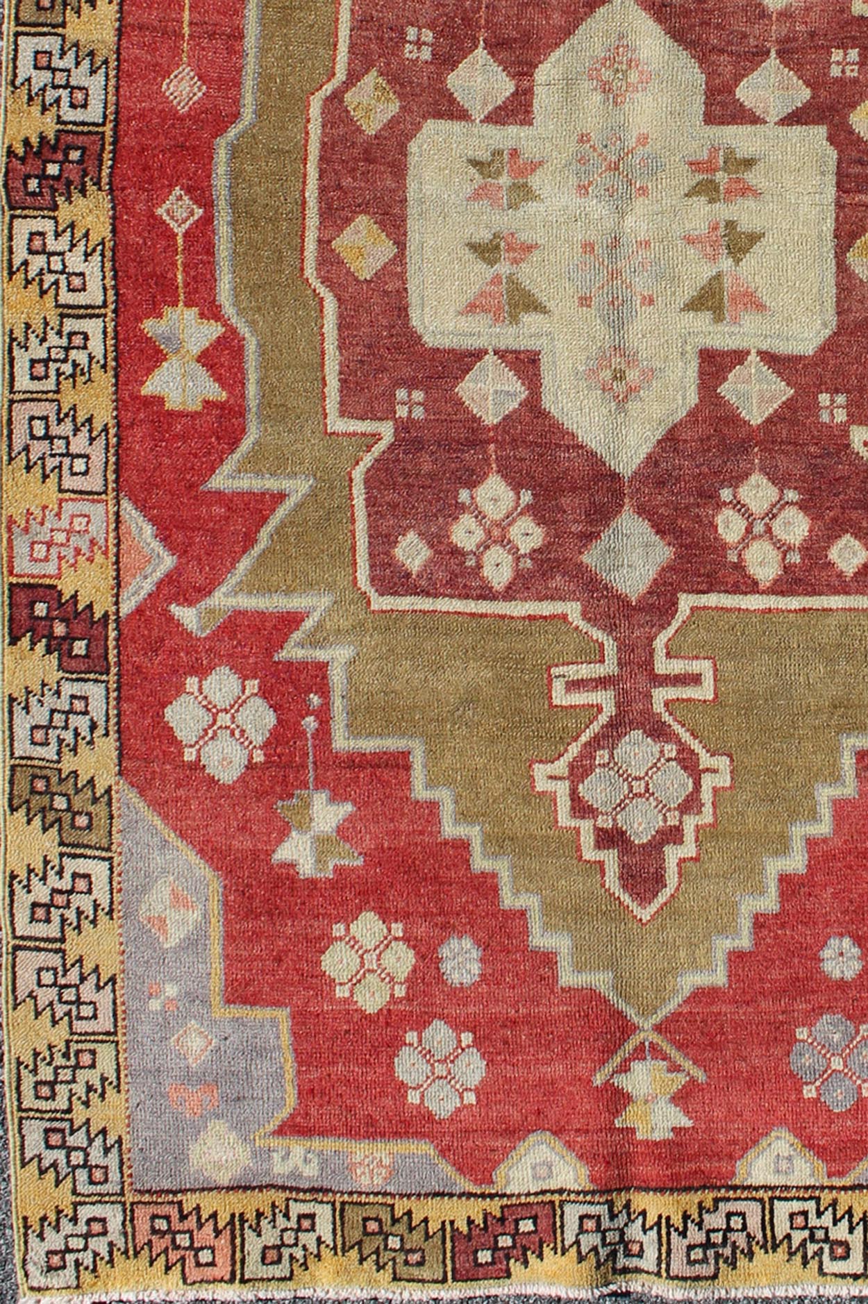 Unique Vintage Turkish Oushak Rug with Geometric Medallion in Red, Green, Yellow, rug mtu - 3468, country of origin / type: Turkey / Oushak, circa mid - 20th century This vintage Turkish Oushak rug (circa mid - 20th century) features a unique blend of... - Keivan Woven ArtsTU - MTU - 3468 - 6215Rug