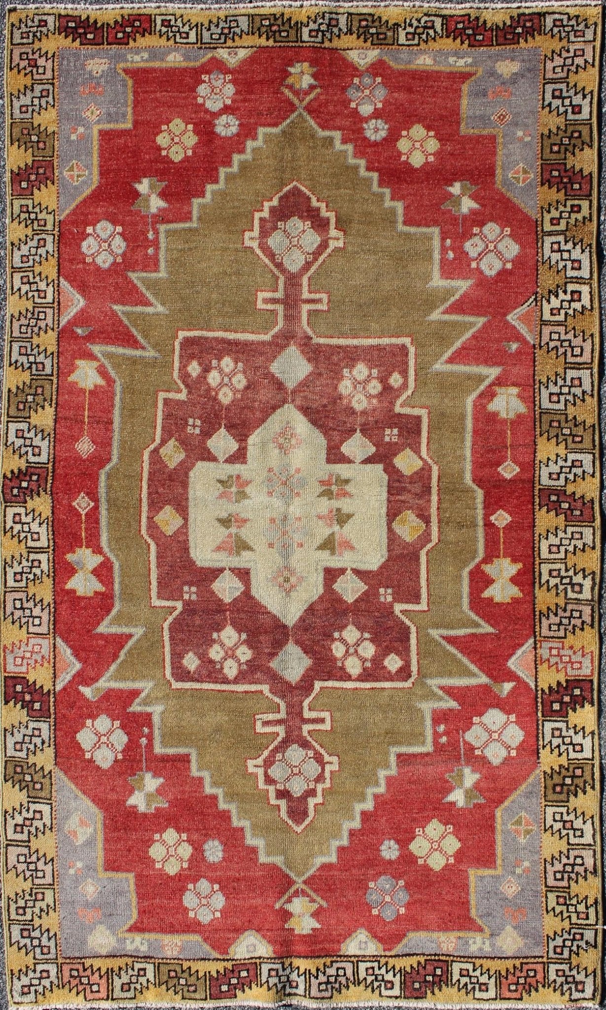 Unique Vintage Turkish Oushak Rug with Geometric Medallion in Red, Green, Yellow, rug mtu - 3468, country of origin / type: Turkey / Oushak, circa mid - 20th century This vintage Turkish Oushak rug (circa mid - 20th century) features a unique blend of... - Keivan Woven ArtsTU - MTU - 3468 - 6215Rug