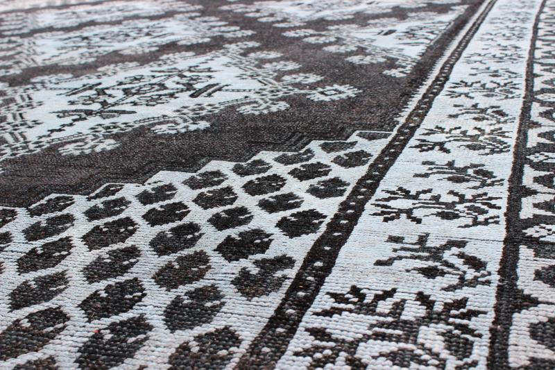 Keivan Woven Arts, Tu - Mtu - 3488, Vintage Mid - Century Moroccan Rug, Geometric Design Tribal Moroccan Rug with Black - This vintage Moroccan carpet features a geometric and tribal design with black background and light blue/gray colors. Measures: 8'8 x 11'9. - Keivan Woven ArtsTU - MTU - 3488 - 6849Rug