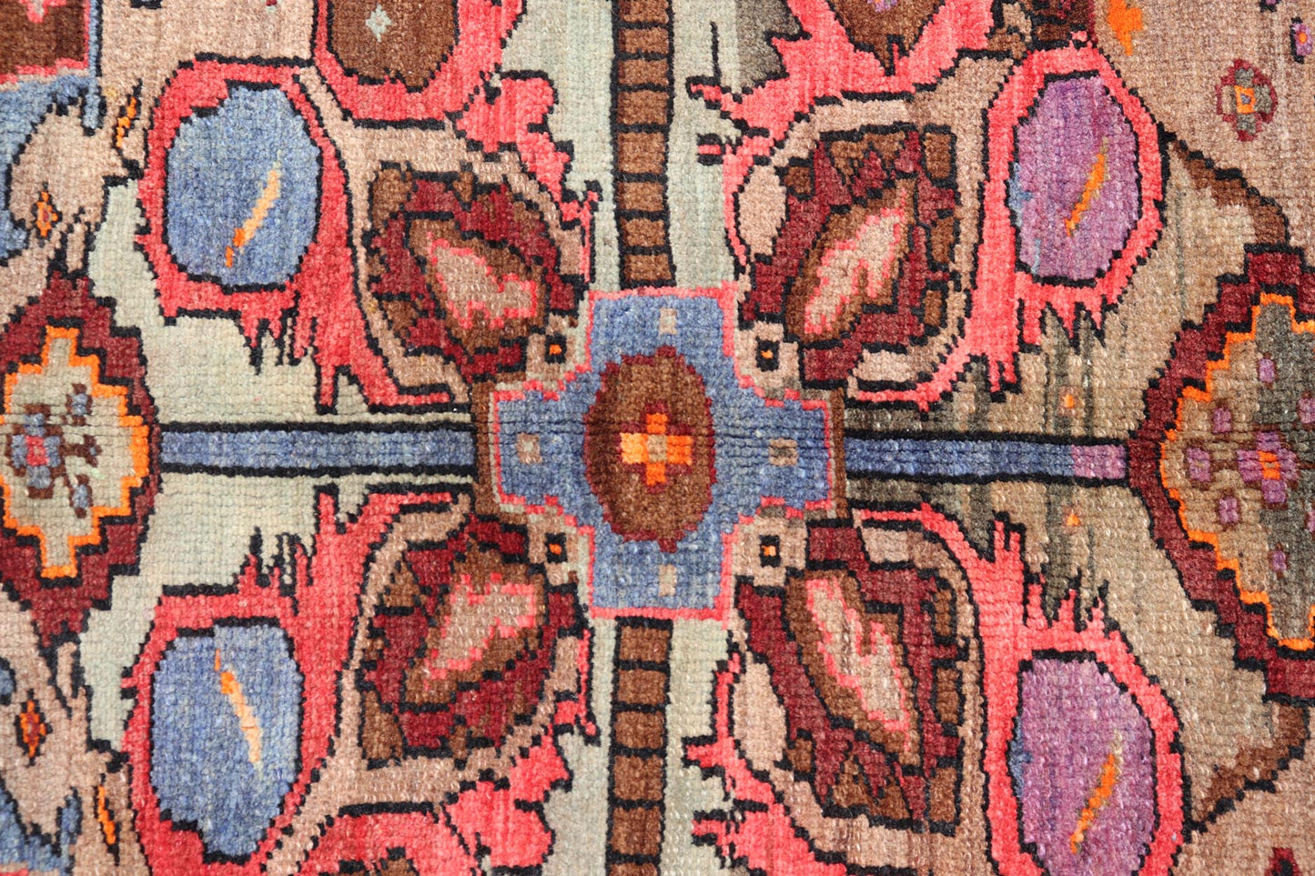 Vintage Turkish Kars Rug With Medallion On A Brown Field with Pops of Color. Keivan Woven Arts / rug/ TU - MTU - 3489, country of origin / type: Turkey / Oushak / Kars, circa 1940 Measures: 9'4 x 10'2. This Turkish Kars rug has been handwoven in Turk... - Keivan Woven ArtsTU - MTU - 3489 - 6853Rug