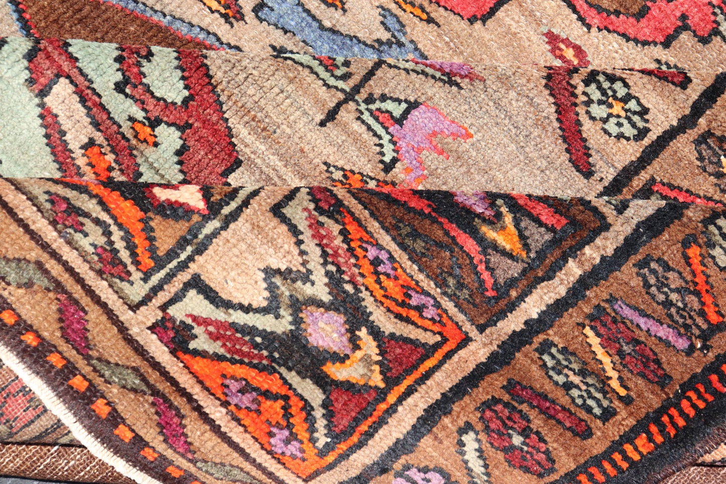 Vintage Turkish Kars Rug With Medallion On A Brown Field with Pops of Color. Keivan Woven Arts / rug/ TU - MTU - 3489, country of origin / type: Turkey / Oushak / Kars, circa 1940 Measures: 9'4 x 10'2. This Turkish Kars rug has been handwoven in Turk... - Keivan Woven ArtsTU - MTU - 3489 - 6853Rug