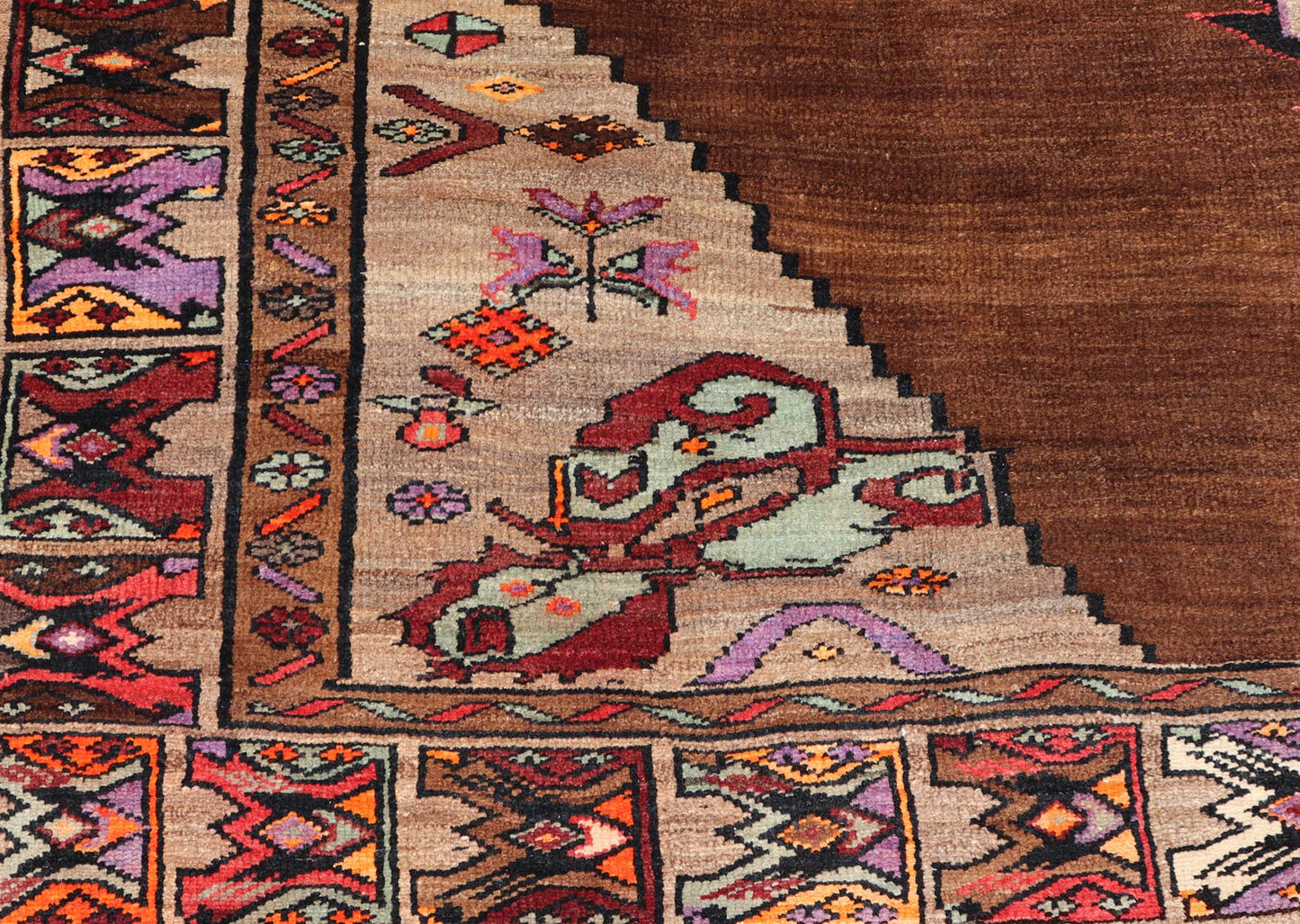 Vintage Turkish Kars Rug With Medallion On A Brown Field with Pops of Color. Keivan Woven Arts / rug/ TU - MTU - 3489, country of origin / type: Turkey / Oushak / Kars, circa 1940 Measures: 9'4 x 10'2. This Turkish Kars rug has been handwoven in Turk... - Keivan Woven ArtsTU - MTU - 3489 - 6853Rug