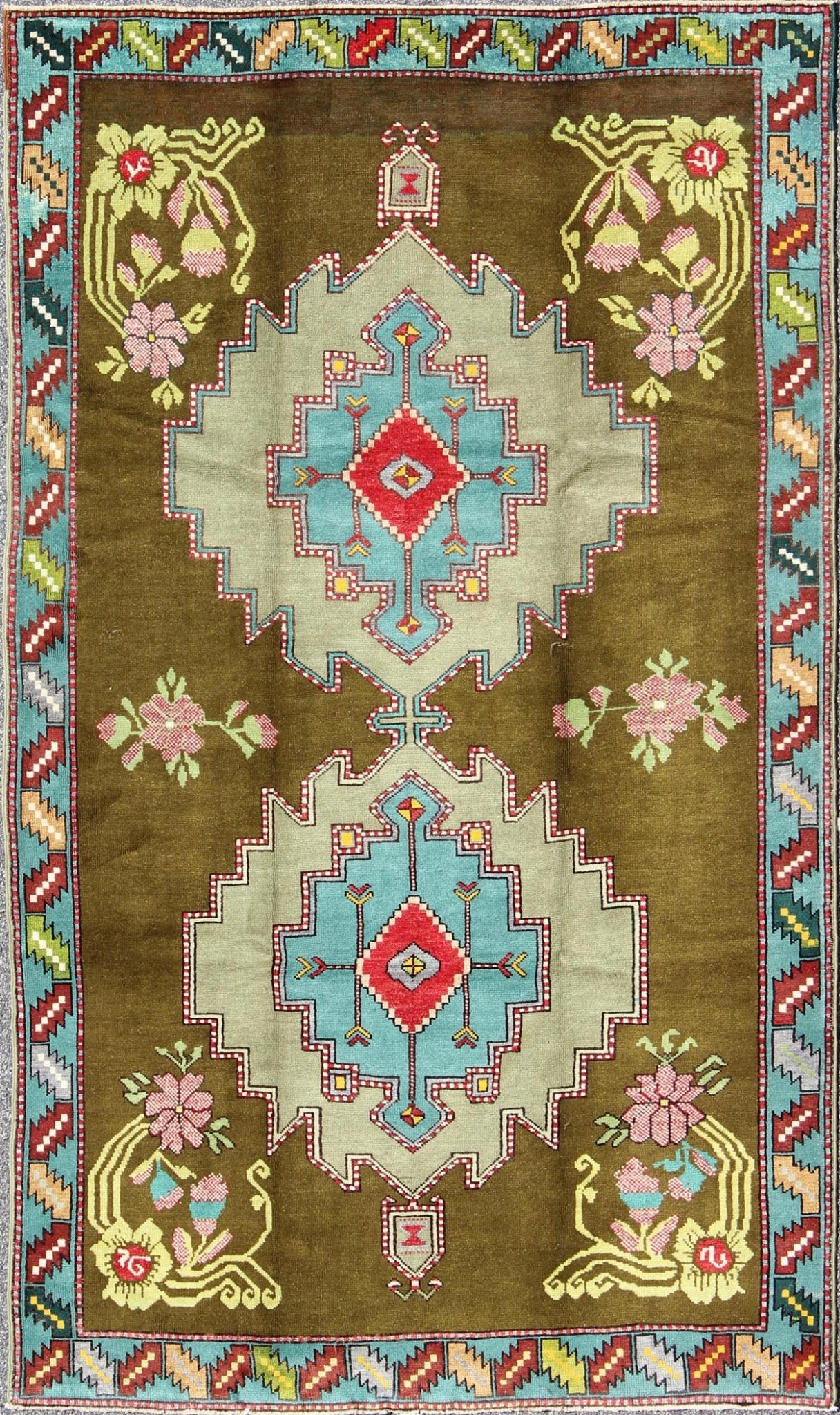 Bright Vintage Turkish Carpet in Green and Unique Vivid Colors & Design Measures: 5'10 x 9'8. This lovely and unique Turkish carpet displays multi layered geometric medallions. The unique colors include yellow, blue, red, teal, pink, bright ... - Keivan Woven ArtsTU - MTU - 3496 - 6873Rug