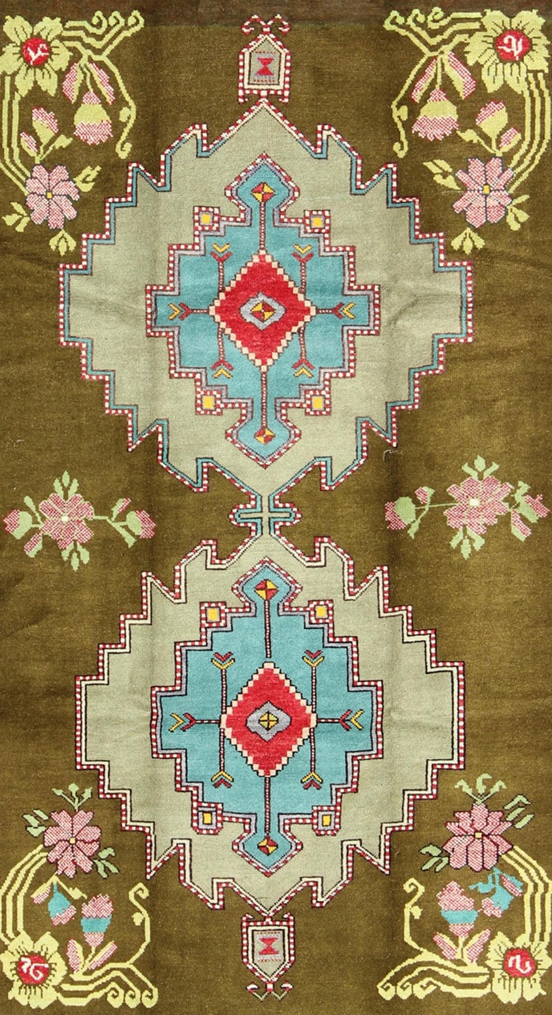 Bright Vintage Turkish Carpet in Green and Unique Vivid Colors & Design Measures: 5'10 x 9'8. This lovely and unique Turkish carpet displays multi layered geometric medallions. The unique colors include yellow, blue, red, teal, pink, bright ... - Keivan Woven ArtsTU - MTU - 3496 - 6873Rug