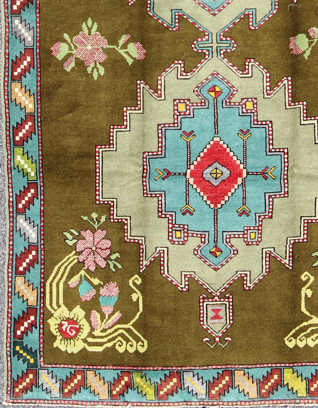 Bright Vintage Turkish Carpet in Green and Unique Vivid Colors & Design Measures: 5'10 x 9'8. This lovely and unique Turkish carpet displays multi layered geometric medallions. The unique colors include yellow, blue, red, teal, pink, bright ... - Keivan Woven ArtsTU - MTU - 3496 - 6873Rug