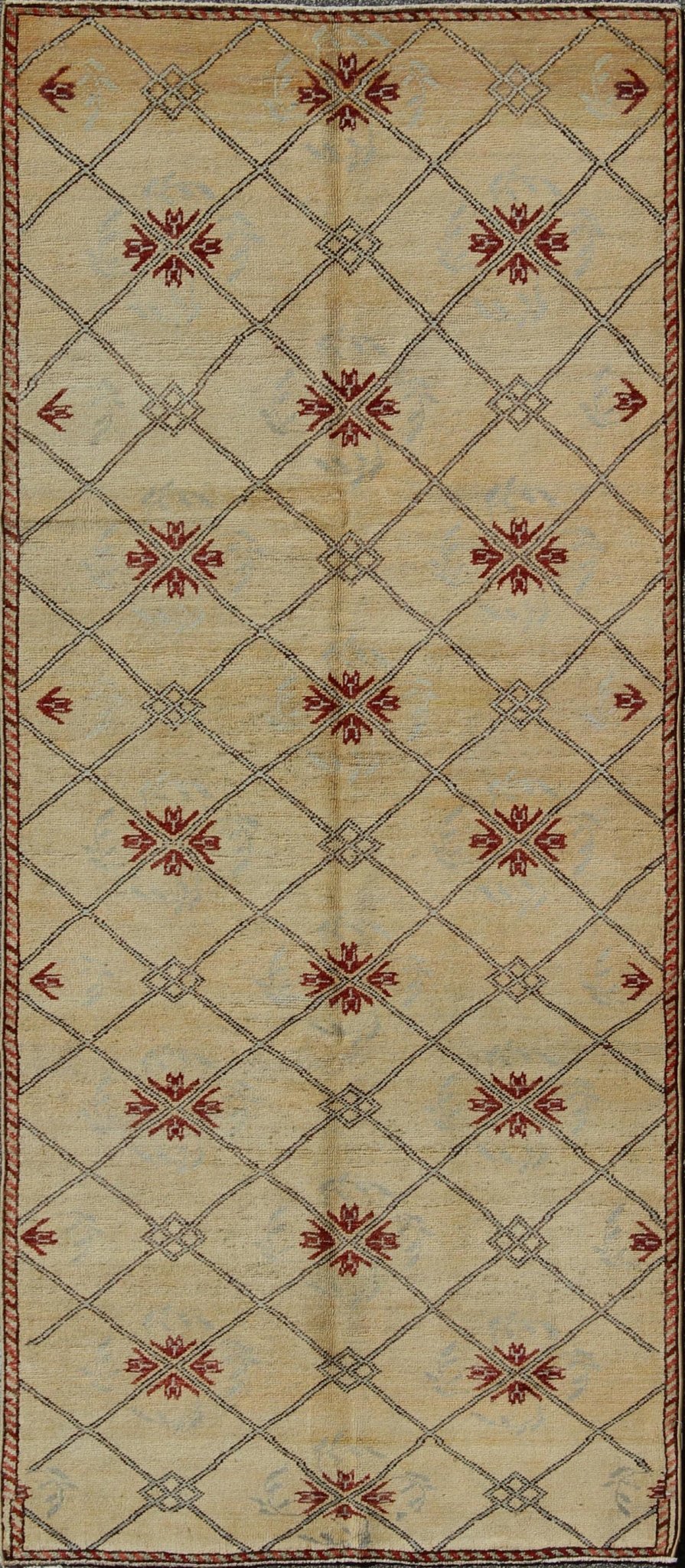 Vintage Turkish Cross - Hatch Trellis Design Oushak Rug by Keivan Woven Arts Measures: 4'2 x 9'7 This 1940's Turkish Oushak features a cross hatch design with sub - geometric motifs in the crossings. The field is rendered in a creamy yellow, ... - Keivan Woven ArtsTU - MTU - 3630 - 6881Rug