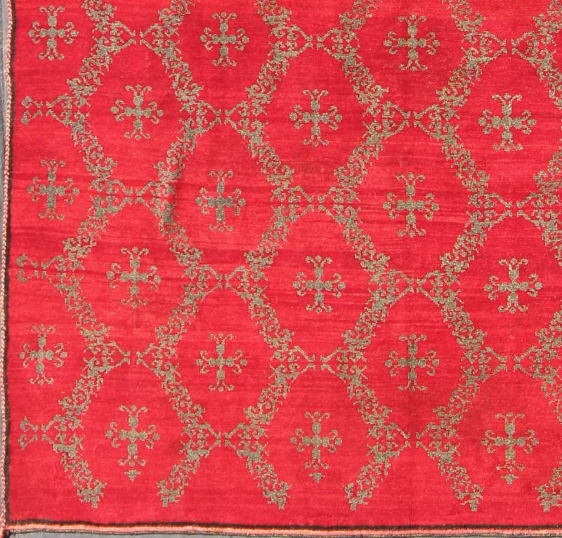 Vintage Turkish Konya Carpet with Cross Design and Bright Red Background Measures: 6'11'' x 9'1''. This unique Turkish Oushak carpet features an all - over design of vibrant cross shapes, surrounded by frames of connecting floral motifs and set... - Keivan Woven ArtsTU - MTU - 4632 - 7743Rug