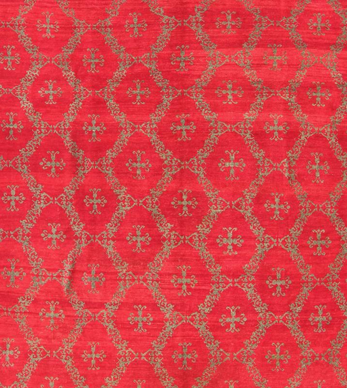 Vintage Turkish Konya Carpet with Cross Design and Bright Red Background Measures: 6'11'' x 9'1''. This unique Turkish Oushak carpet features an all - over design of vibrant cross shapes, surrounded by frames of connecting floral motifs and set... - Keivan Woven ArtsTU - MTU - 4632 - 7743Rug