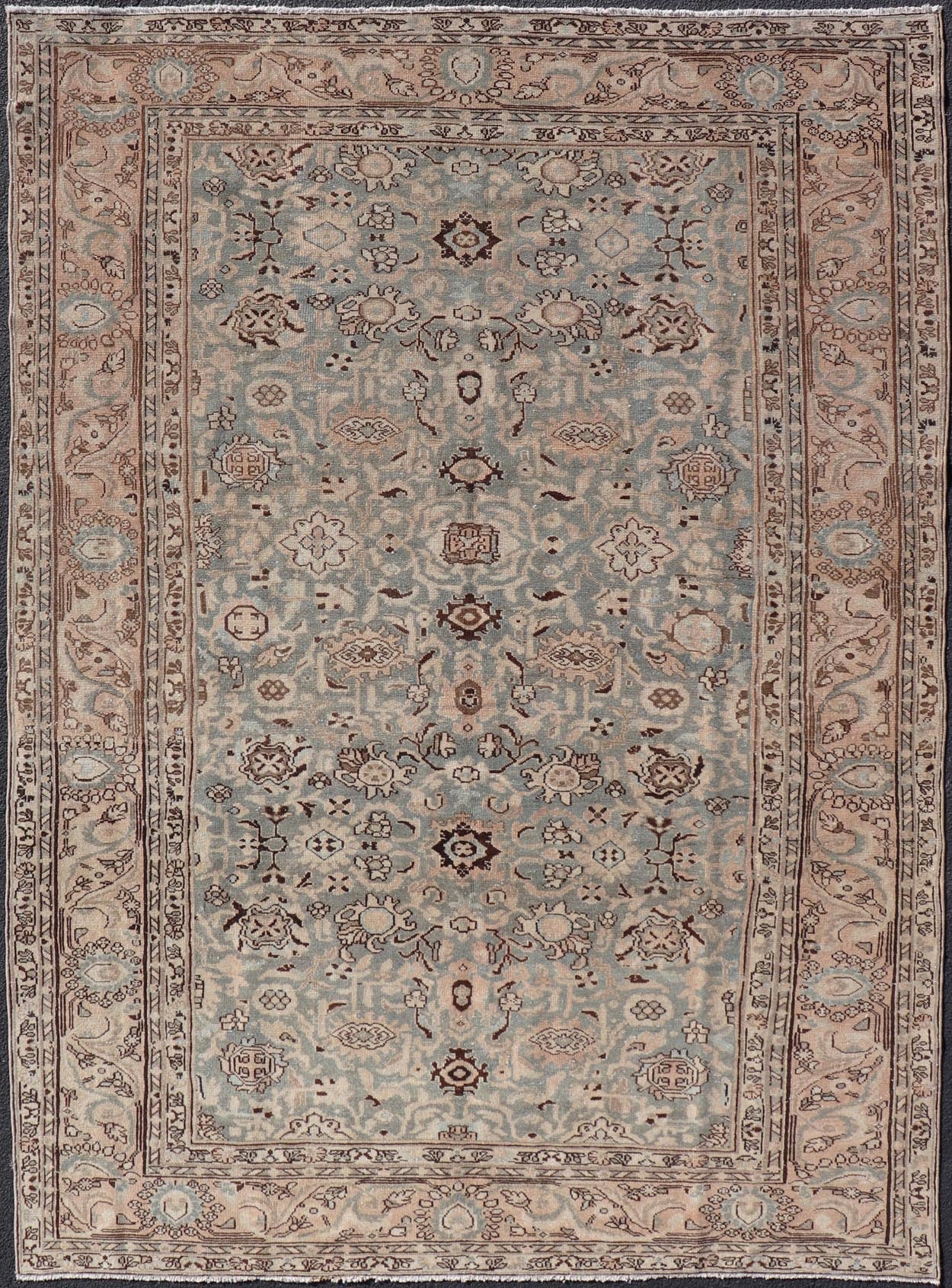 All - Over Floral Antique Persian Hamadan Rug in Gray Green, Peach & Earth Tones. Country of origin: Iran; Type: Hamedan; Design: Floral, All - Over; Keivan Woven Arts: rug TU - MTU - 4657 Measures: 6'9 x 9'9 This antique Persian Hamadan display... - Keivan Woven ArtsTU - MTU - 4657 - 22003Rug