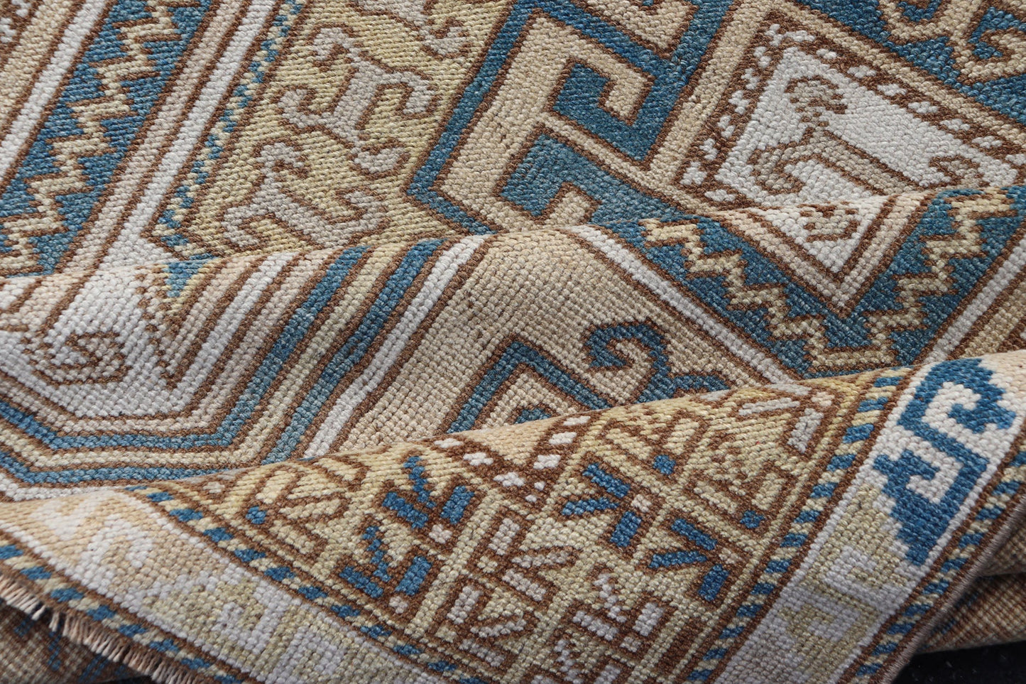 Measures: 3'5 x 5'6 Vintage Turkish Medallion Oushak Rug in Blue, Mocha, and Taupe. Country of Origin: Turkey; Type: Oushak; Design: Medallion, Tribal Medallion, Floral Medallion; Keivan Woven Arts: rug TU - MTU - 4671. Unique in its color palette ... - Keivan Woven ArtsTU - MTU - 4671 - 22908Rug