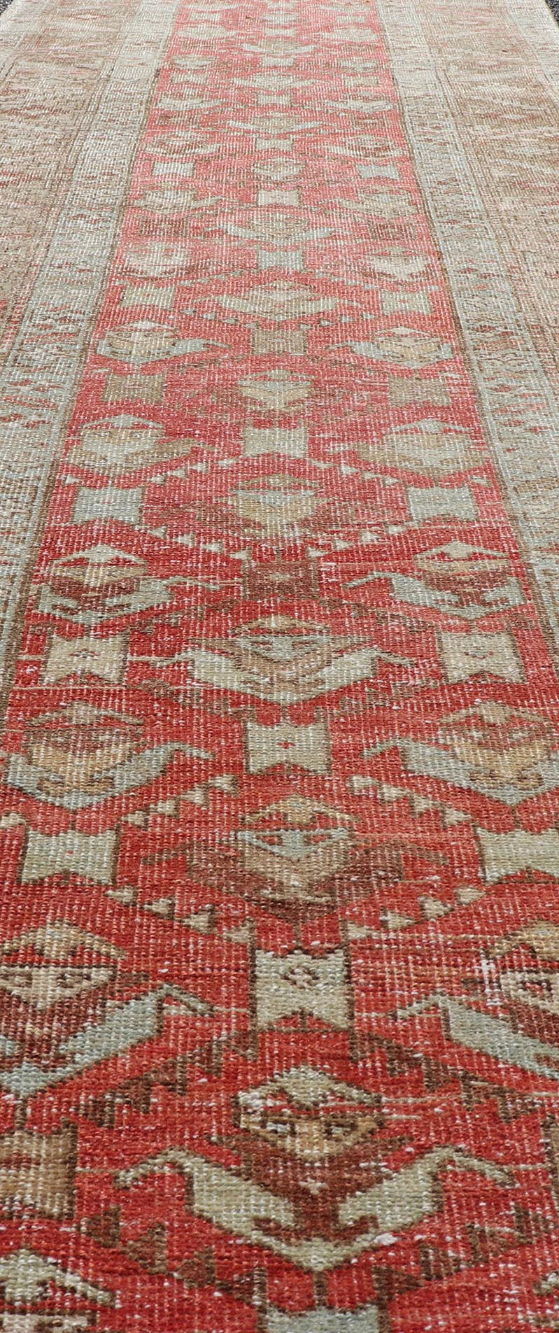 Measures: 3'0 x 11'7 Persian Antique Heriz Runner With All - Over Geometric Design On A Red Field. Antique Heriz Runner, rug TU - MTU - 4678, country of origin / type: Persian / Heriz, circa Early - 20th Century. This gorgeous antique Persian Heriz ... - Keivan Woven ArtsTU - MTU - 4678 - 22069Rug