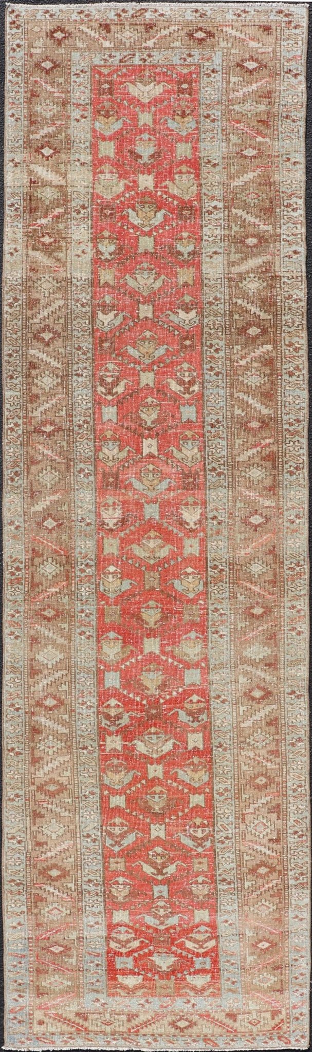 Measures: 3'0 x 11'7 Persian Antique Heriz Runner With All - Over Geometric Design On A Red Field. Antique Heriz Runner, rug TU - MTU - 4678, country of origin / type: Persian / Heriz, circa Early - 20th Century. This gorgeous antique Persian Heriz ... - Keivan Woven ArtsTU - MTU - 4678 - 22069Rug